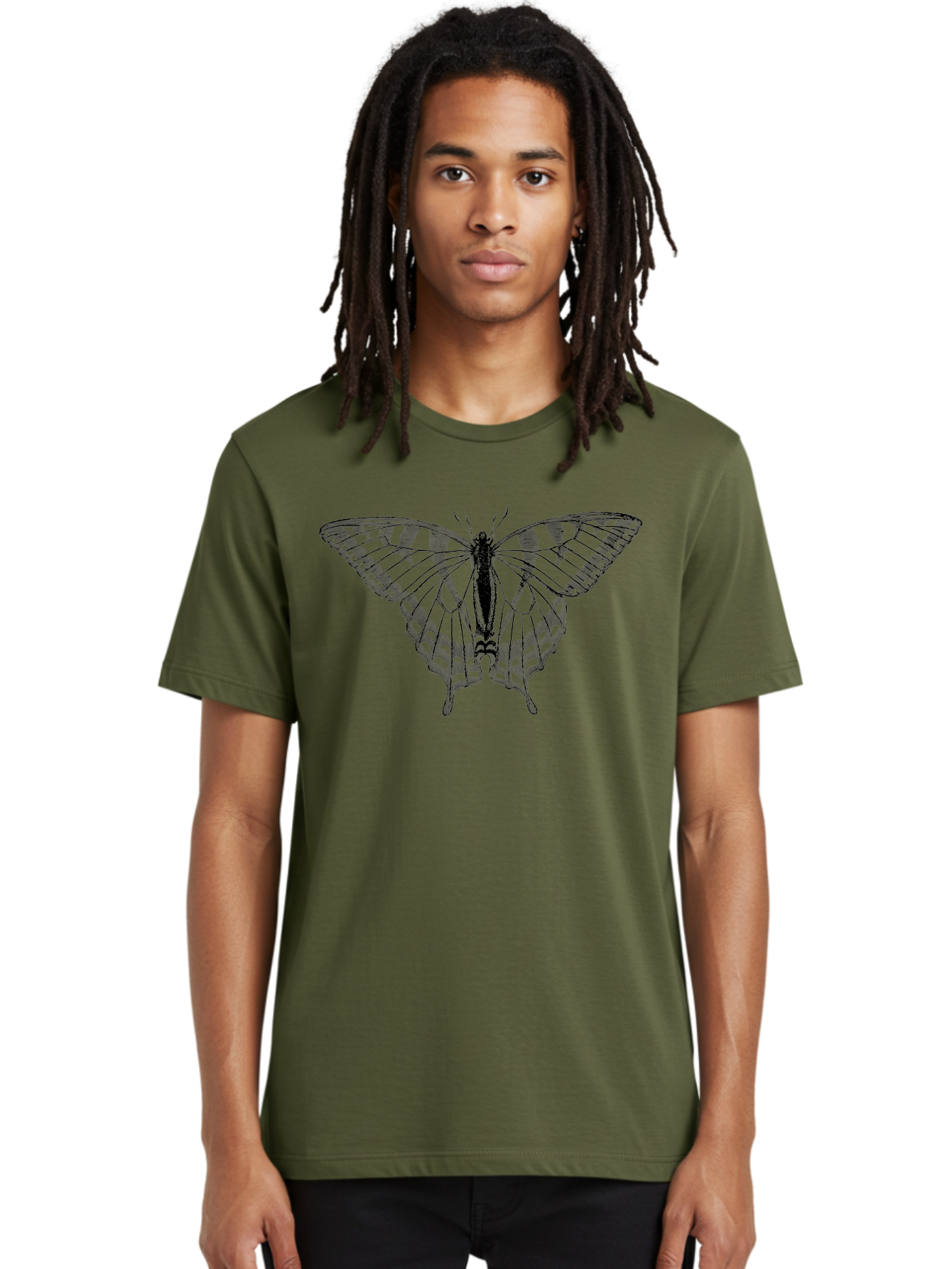 Butterfly-Silhouette Men'S Graphic Tee, 100% Cotton, Comfortable Casual Summer Wear, Machine Washable, Black Butterfly, Transparent Wings, Delicate Pattern, Intricate Design, Wings Spread Wide, Detailed Texture, Fragile Beauty, Insect Art Aab516