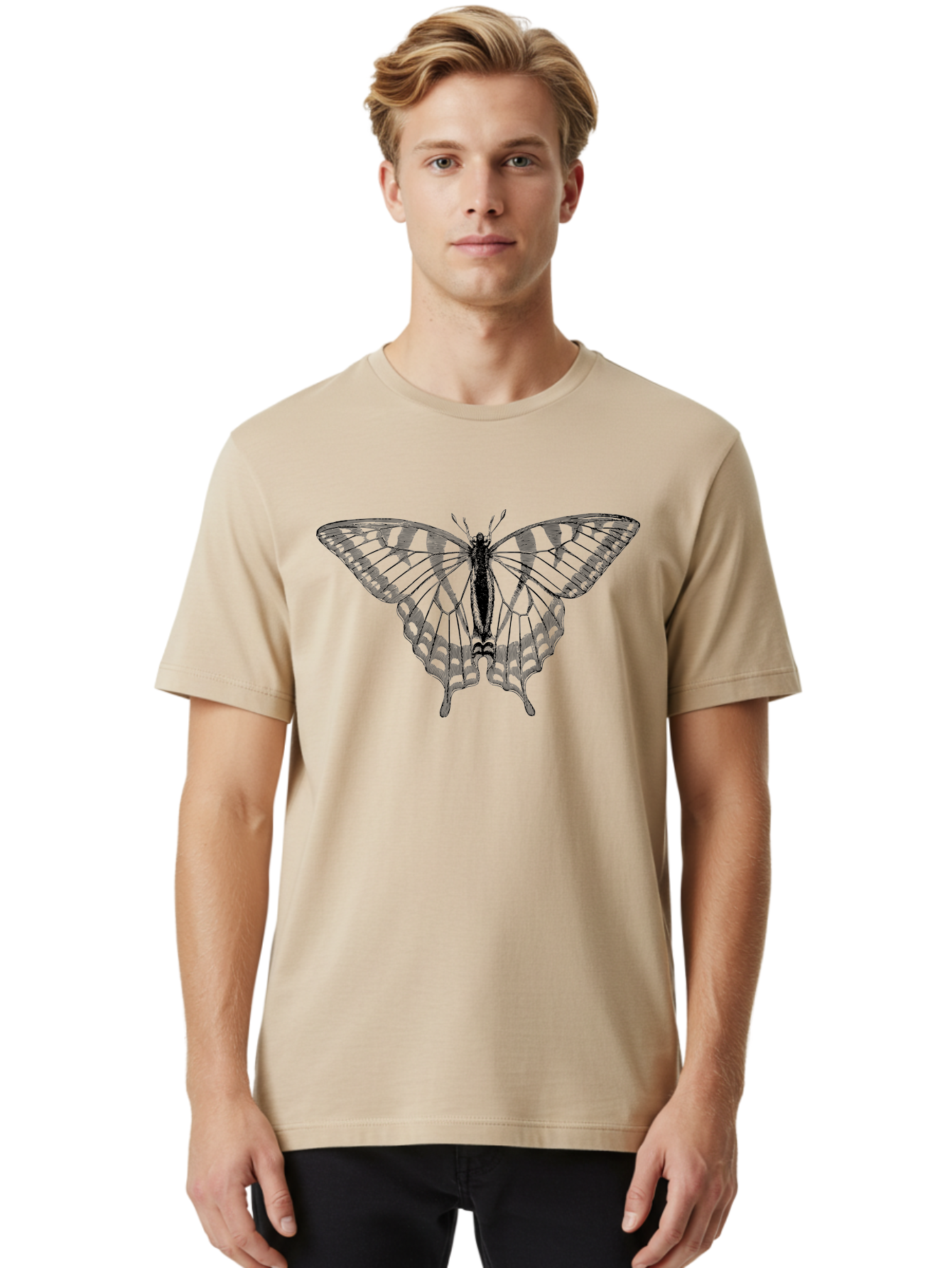 Butterfly-Silhouette Men'S Graphic Tee, 100% Cotton, Comfortable Casual Summer Wear, Machine Washable, Black Butterfly, Transparent Wings, Delicate Pattern, Intricate Design, Wings Spread Wide, Detailed Texture, Fragile Beauty, Insect Art Aab516