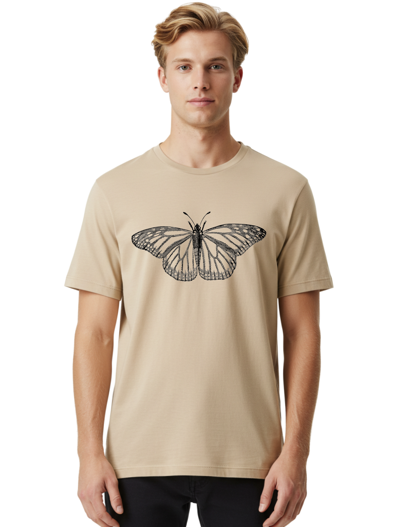 Butterfly Men'S Graphic Tee, 100% Cotton, Comfortable Casual Summer Wear, Machine Washable, Black Butterfly, Transparent Wings, Intricate Details, Delicate Patterns, Winged Insect, Symbolic Creature, Artistic Design, Natural Wonder, Aab517