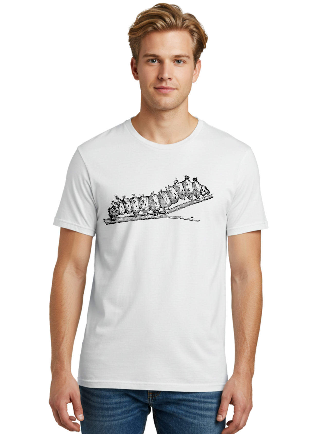 Caterpillar-On-Branch Men'S Graphic Tee, 100% Cotton, Comfortable Casual Summer Wear, Machine Washable, Caterpillar On Branch, Insect Metamorphosis, Garden Pests, Butterfly Life Cycle, Caterpillar Stages, Insect Illustration, Entomology Art Aab518