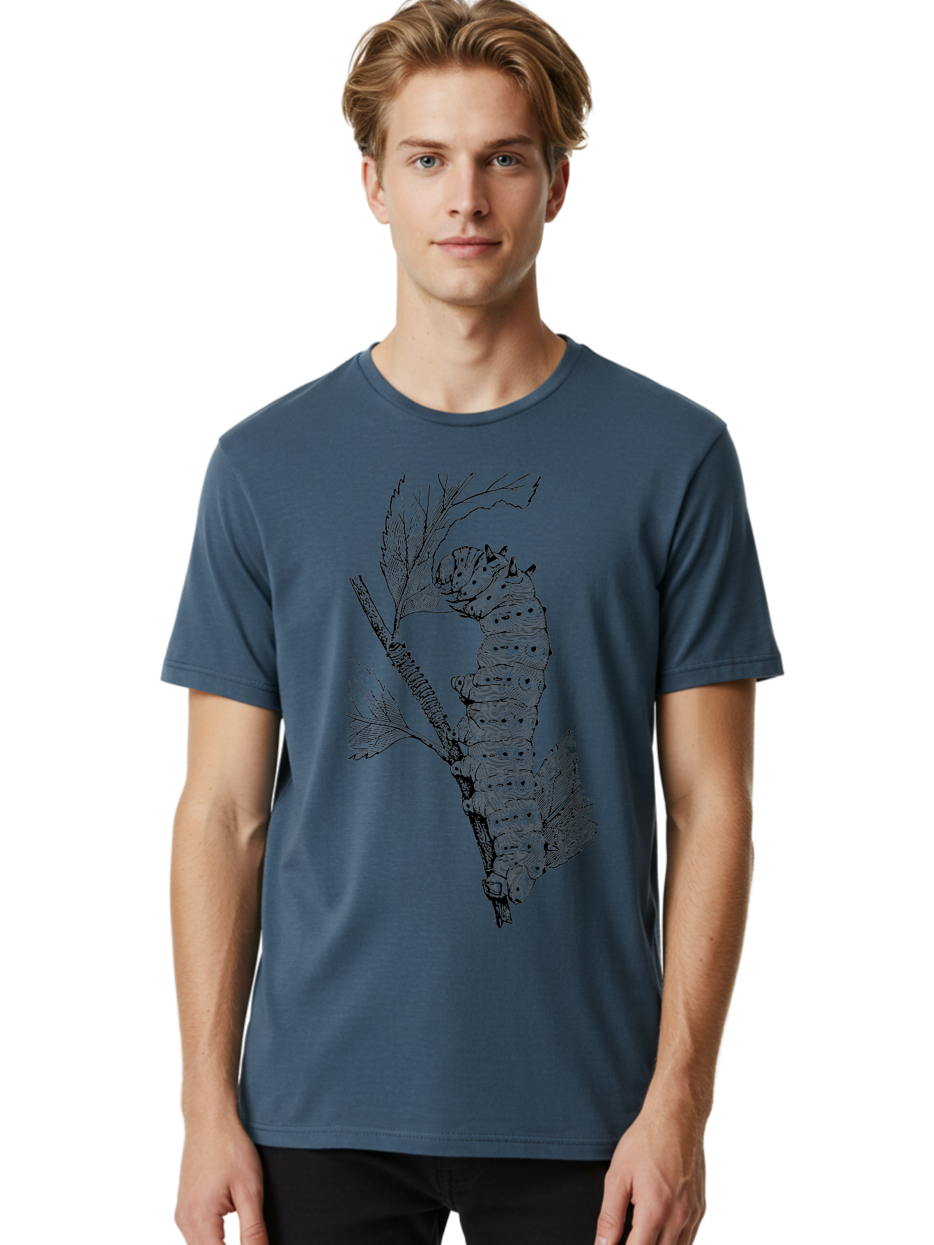 Caterpillar-On-Leaf-1 Men'S Graphic Tee, 100% Cotton, Comfortable Casual Summer Wear, Machine Washable, Caterpillar Eating Leaf, Insect Metamorphosis, Wildlife Illustration, Caterpillar Stage, Leaf Damage, Insect Life Cycle, Garden Pest Aab519