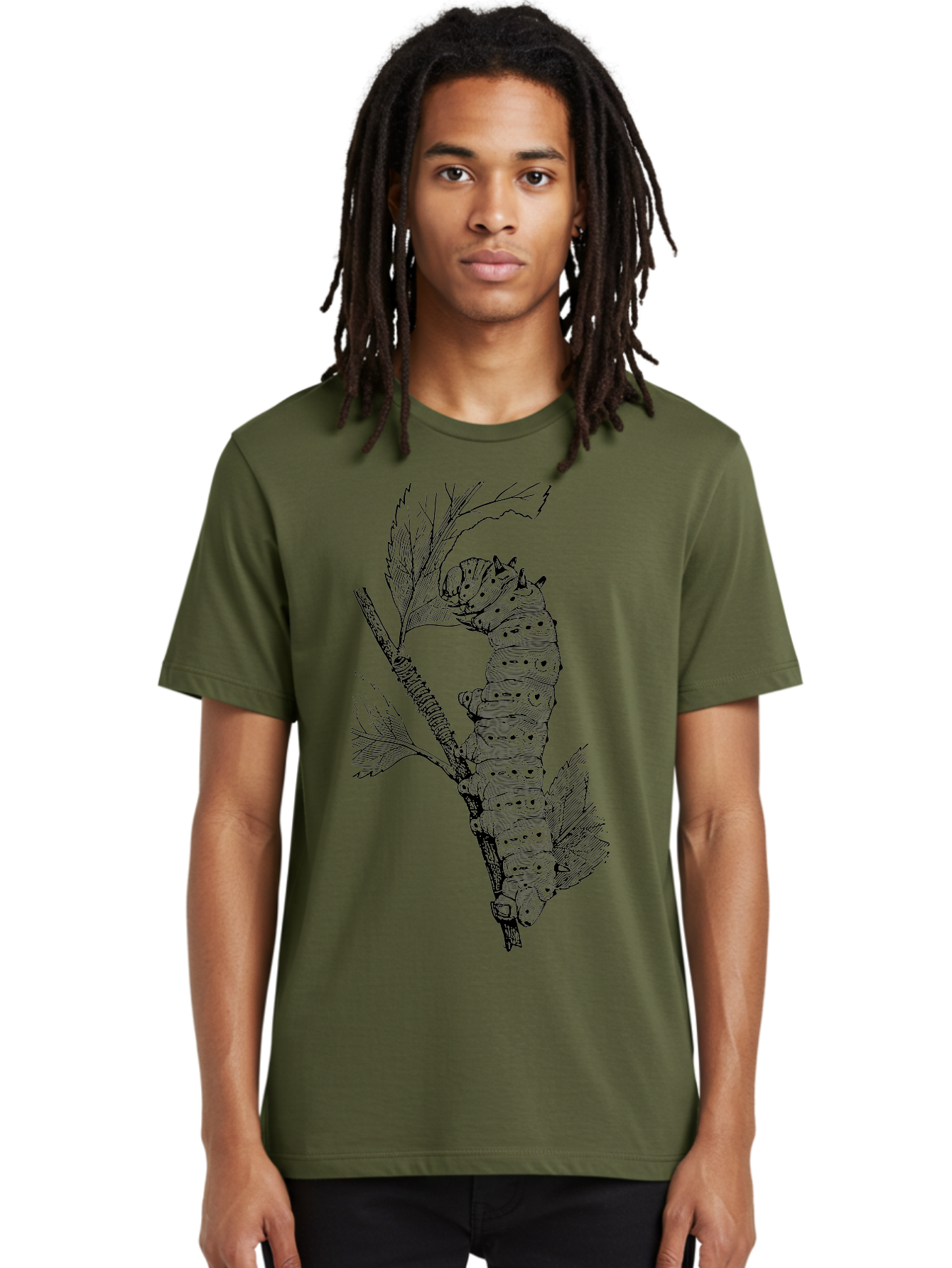 Caterpillar-On-Leaf-1 Men'S Graphic Tee, 100% Cotton, Comfortable Casual Summer Wear, Machine Washable, Caterpillar Eating Leaf, Insect Metamorphosis, Wildlife Illustration, Caterpillar Stage, Leaf Damage, Insect Life Cycle, Garden Pest Aab519