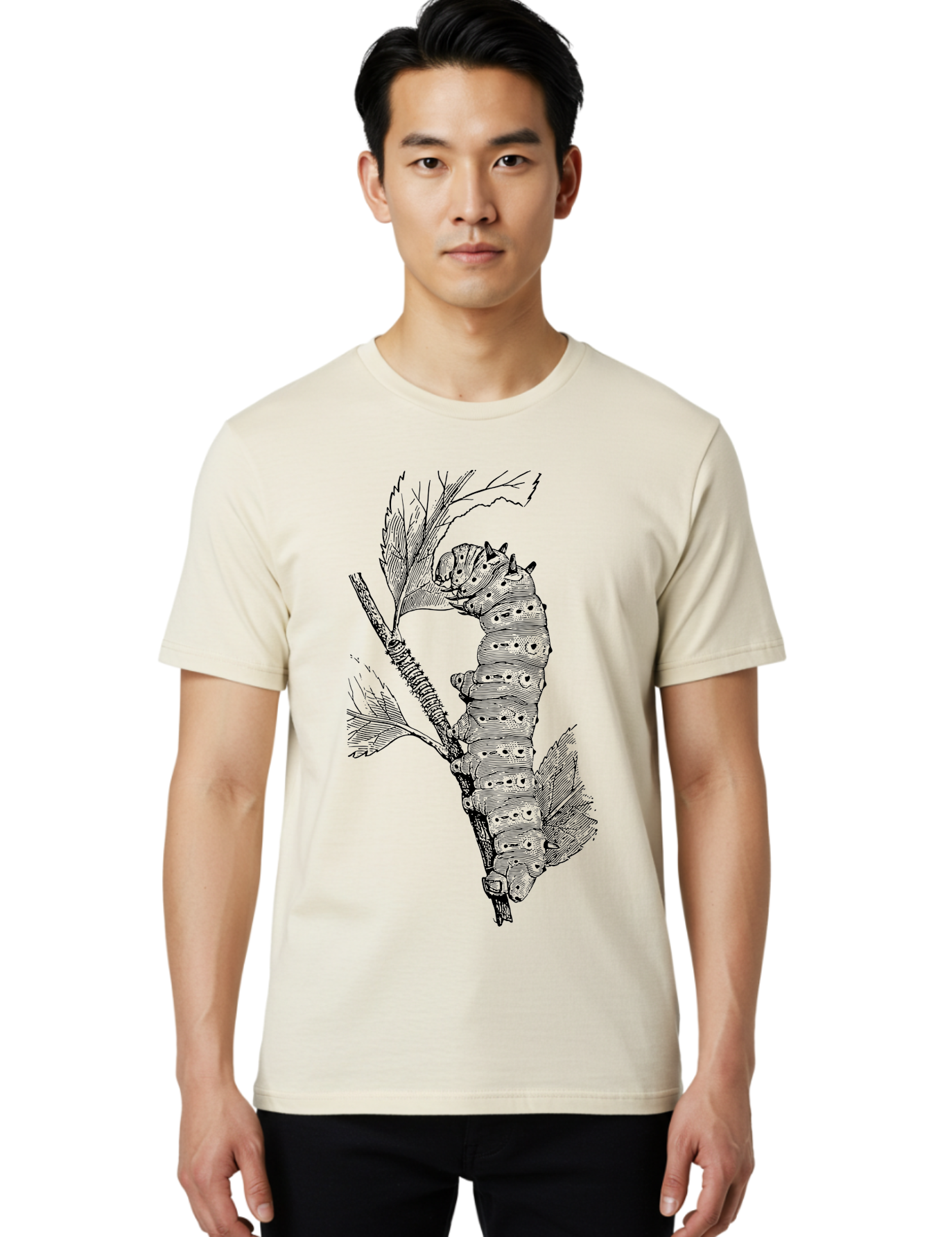 Caterpillar-On-Leaf-1 Men'S Graphic Tee, 100% Cotton, Comfortable Casual Summer Wear, Machine Washable, Caterpillar Eating Leaf, Insect Metamorphosis, Wildlife Illustration, Caterpillar Stage, Leaf Damage, Insect Life Cycle, Garden Pest Aab519