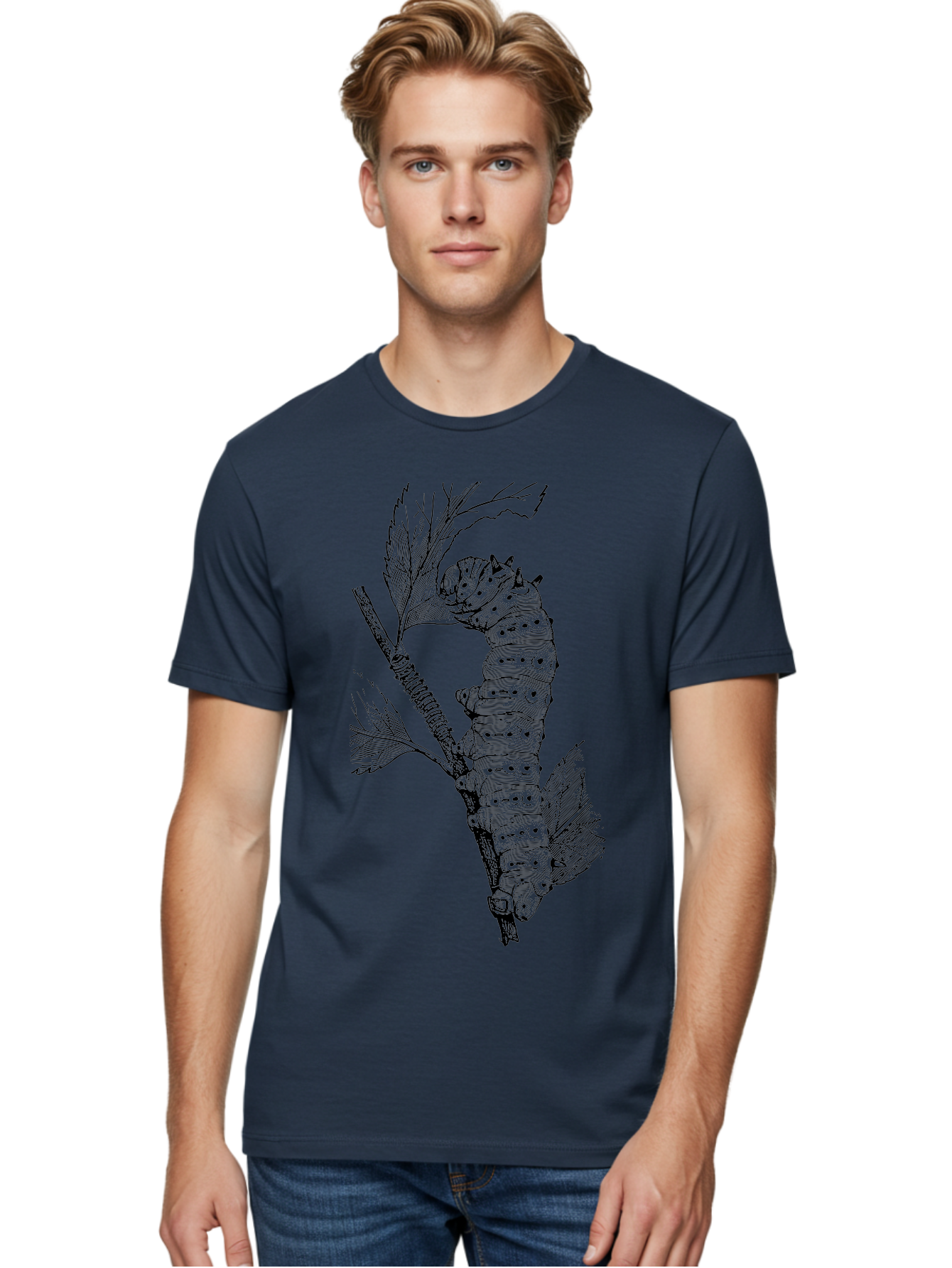 Caterpillar-On-Leaf-1 Men'S Graphic Tee, 100% Cotton, Comfortable Casual Summer Wear, Machine Washable, Caterpillar Eating Leaf, Insect Metamorphosis, Wildlife Illustration, Caterpillar Stage, Leaf Damage, Insect Life Cycle, Garden Pest Aab519