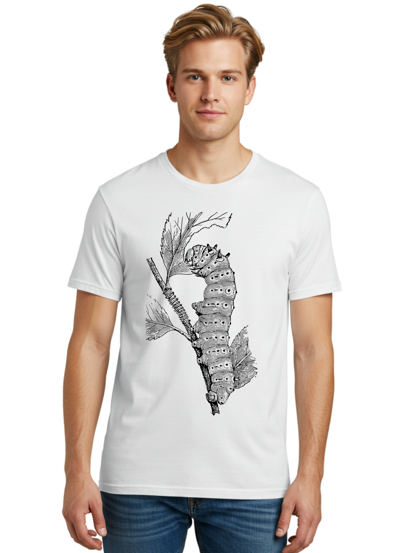 Caterpillar-On-Leaf-1 Men'S Graphic Tee, 100% Cotton, Comfortable Casual Summer Wear, Machine Washable, Caterpillar Eating Leaf, Insect Metamorphosis, Wildlife Illustration, Caterpillar Stage, Leaf Damage, Insect Life Cycle, Garden Pest Aab519