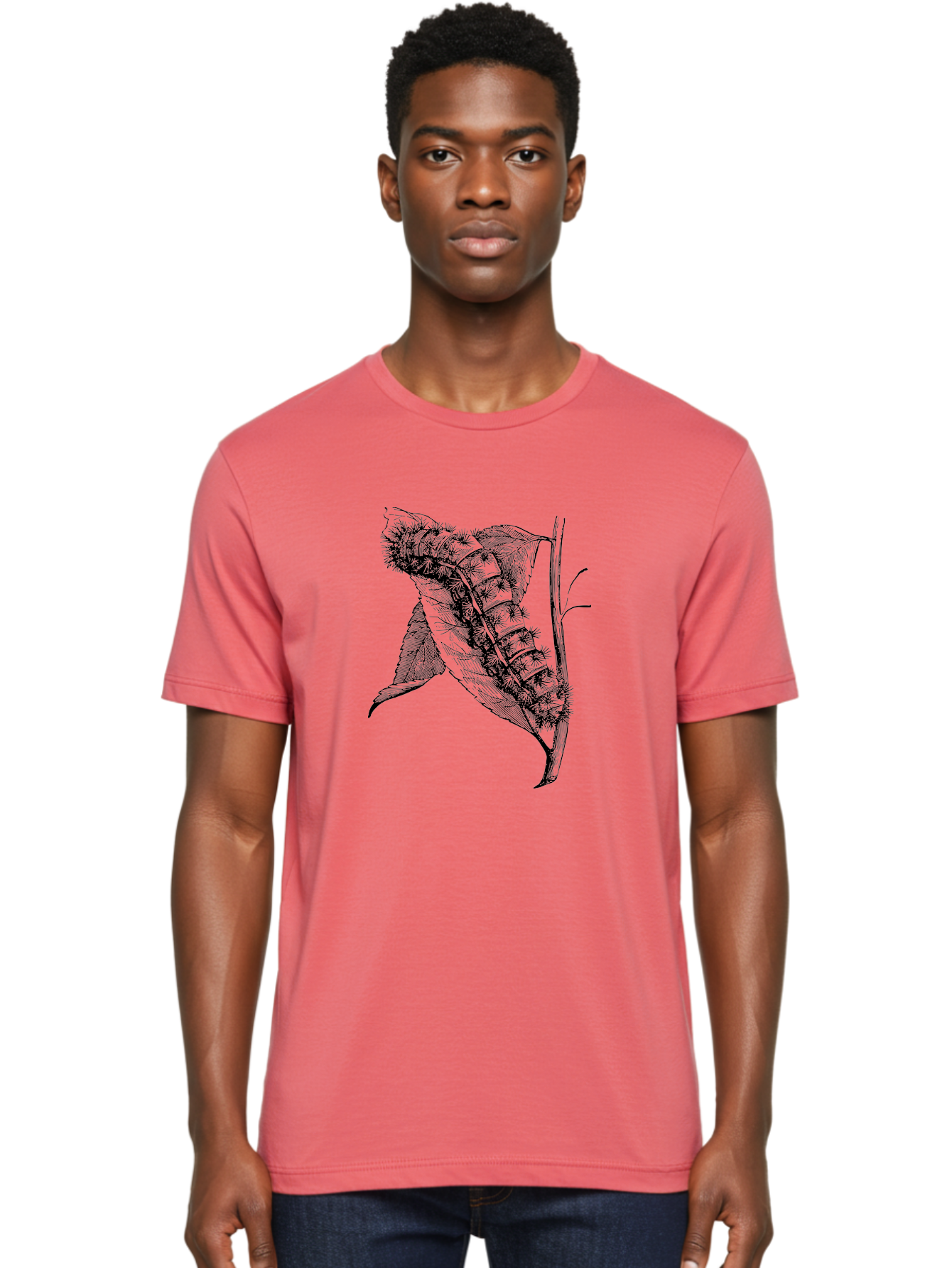 Caterpillar-On-Leaf Men'S Graphic Tee, 100% Cotton, Comfortable Casual Summer Wear, Machine Washable, Caterpillar On A Leaf, Insect Life Cycle, Metamorphosis, Nature Illustration, Botanical Art, Wildlife, Detailed Drawing, Spiky Caterpillar, Aab520