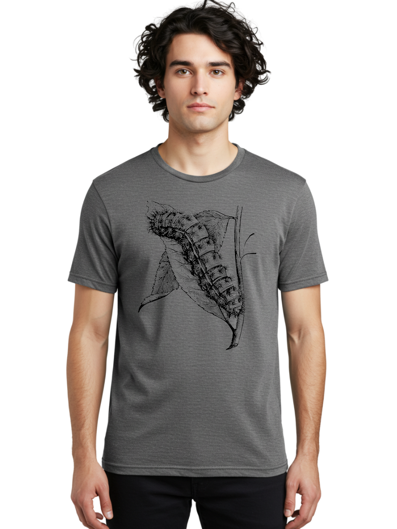 Caterpillar-On-Leaf Men'S Graphic Tee, 100% Cotton, Comfortable Casual Summer Wear, Machine Washable, Caterpillar On A Leaf, Insect Life Cycle, Metamorphosis, Nature Illustration, Botanical Art, Wildlife, Detailed Drawing, Spiky Caterpillar, Aab520