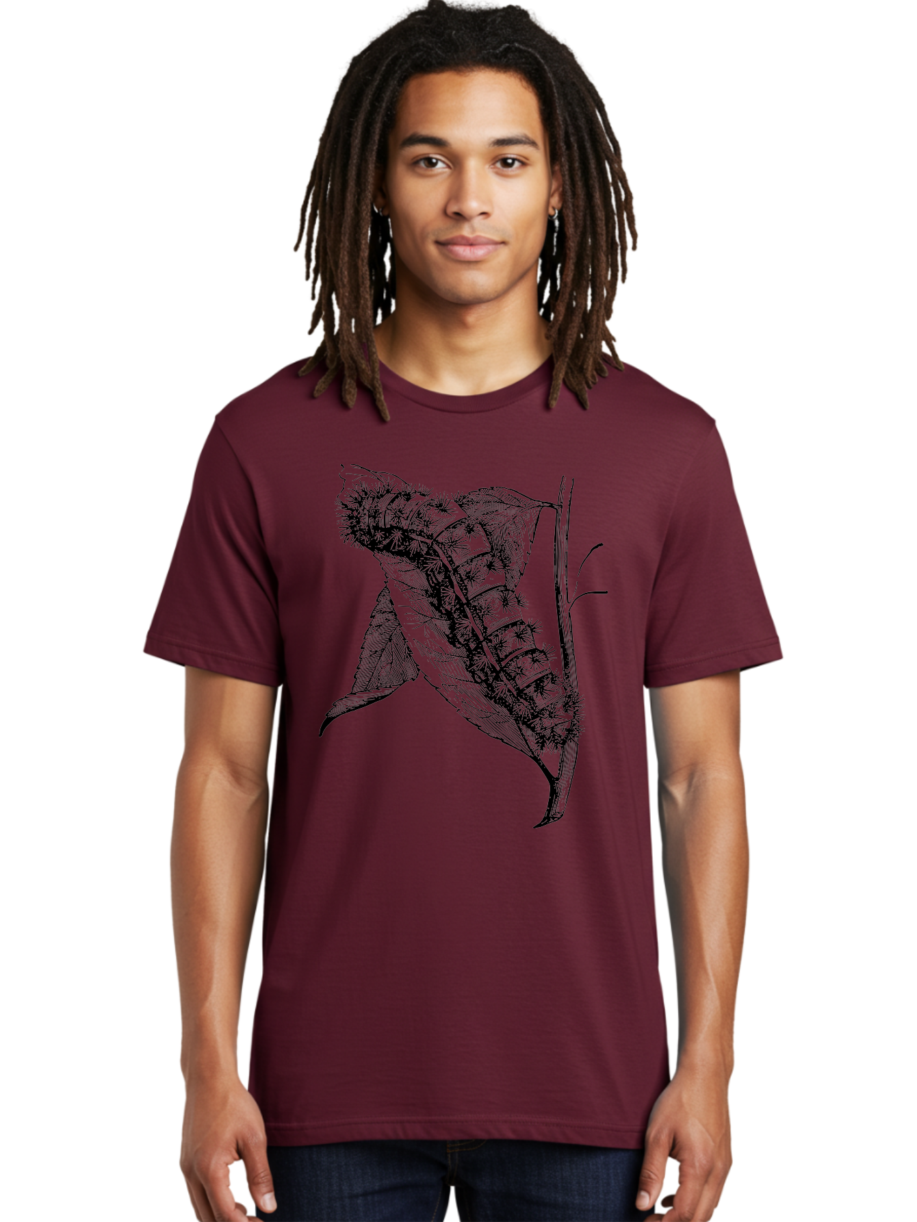 Caterpillar-On-Leaf Men'S Graphic Tee, 100% Cotton, Comfortable Casual Summer Wear, Machine Washable, Caterpillar On A Leaf, Insect Life Cycle, Metamorphosis, Nature Illustration, Botanical Art, Wildlife, Detailed Drawing, Spiky Caterpillar, Aab520