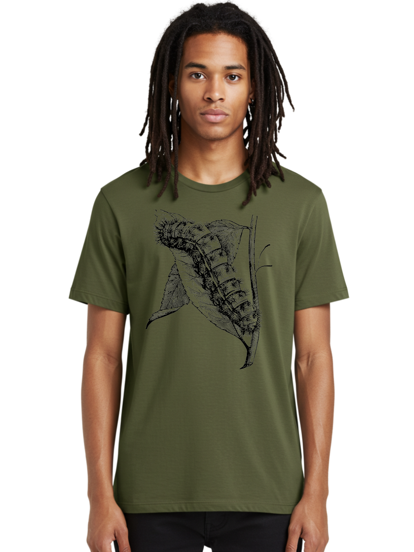 Caterpillar-On-Leaf Men'S Graphic Tee, 100% Cotton, Comfortable Casual Summer Wear, Machine Washable, Caterpillar On A Leaf, Insect Life Cycle, Metamorphosis, Nature Illustration, Botanical Art, Wildlife, Detailed Drawing, Spiky Caterpillar, Aab520