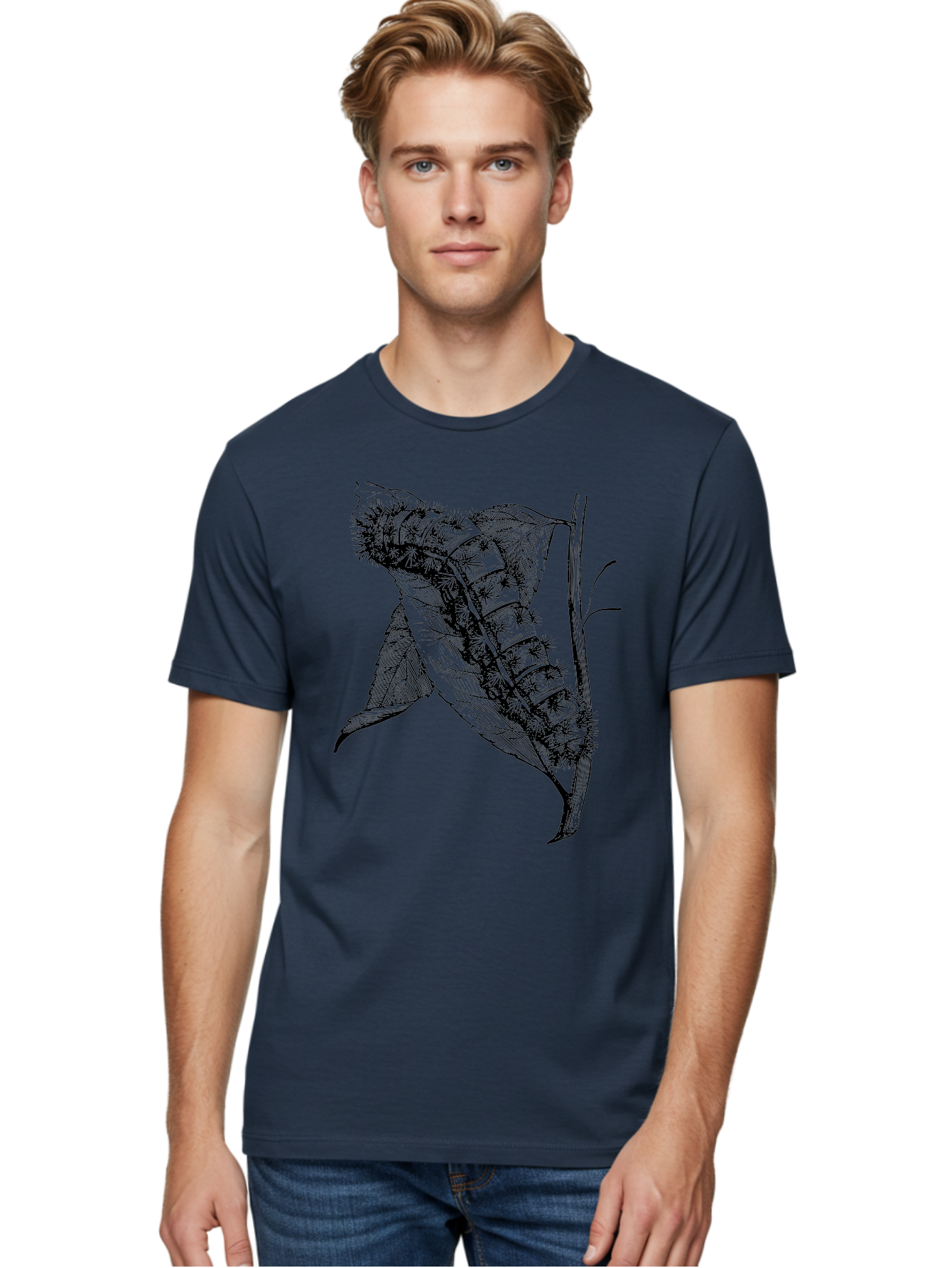 Caterpillar-On-Leaf Men'S Graphic Tee, 100% Cotton, Comfortable Casual Summer Wear, Machine Washable, Caterpillar On A Leaf, Insect Life Cycle, Metamorphosis, Nature Illustration, Botanical Art, Wildlife, Detailed Drawing, Spiky Caterpillar, Aab520