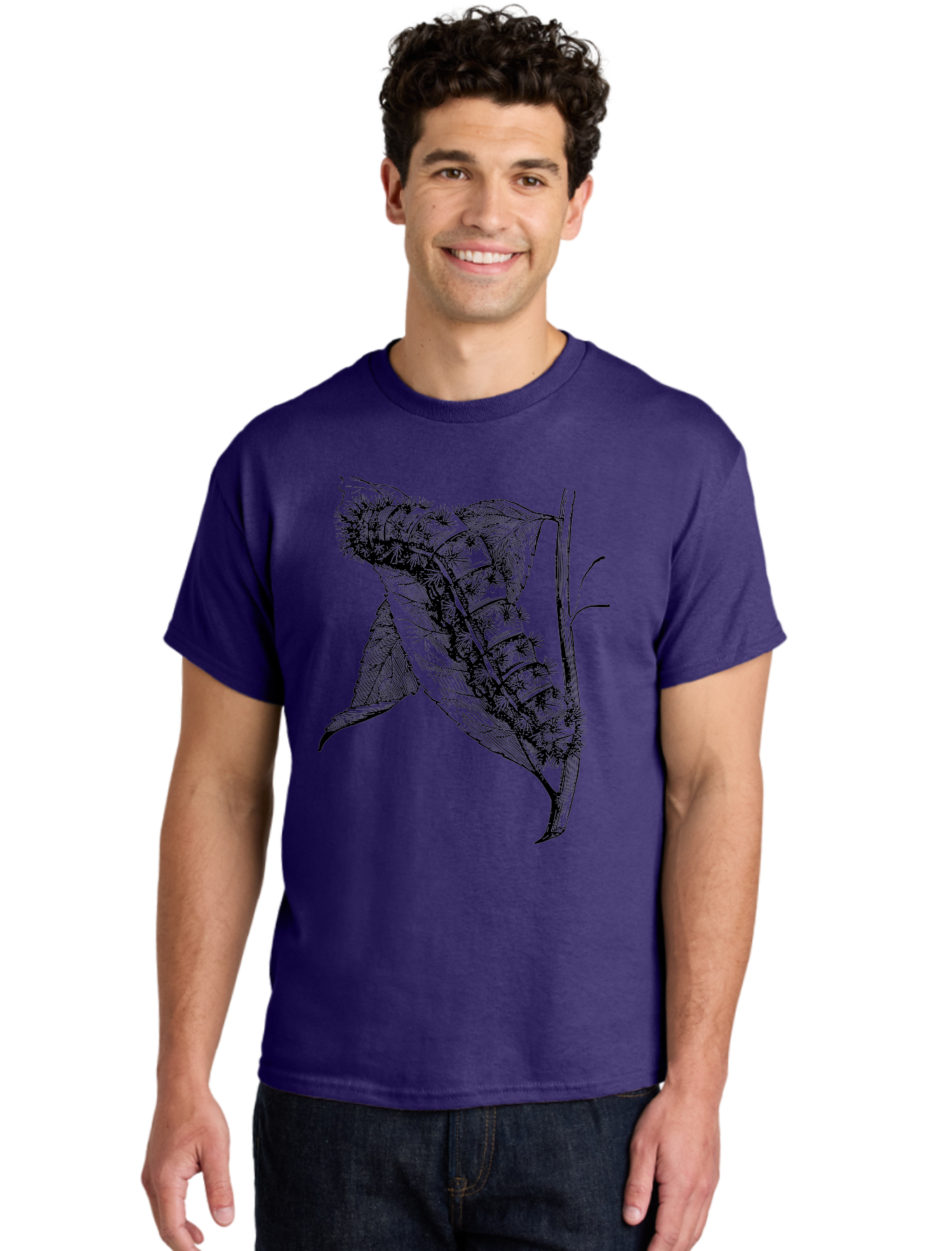 Caterpillar-On-Leaf Men'S Graphic Tee, 100% Cotton, Comfortable Casual Summer Wear, Machine Washable, Caterpillar On A Leaf, Insect Life Cycle, Metamorphosis, Nature Illustration, Botanical Art, Wildlife, Detailed Drawing, Spiky Caterpillar, Aab520