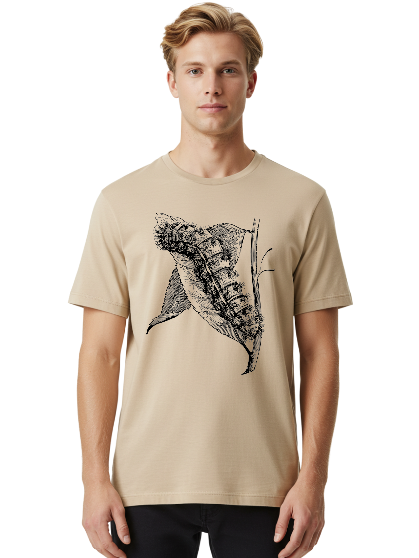 Caterpillar-On-Leaf Men'S Graphic Tee, 100% Cotton, Comfortable Casual Summer Wear, Machine Washable, Caterpillar On A Leaf, Insect Life Cycle, Metamorphosis, Nature Illustration, Botanical Art, Wildlife, Detailed Drawing, Spiky Caterpillar, Aab520