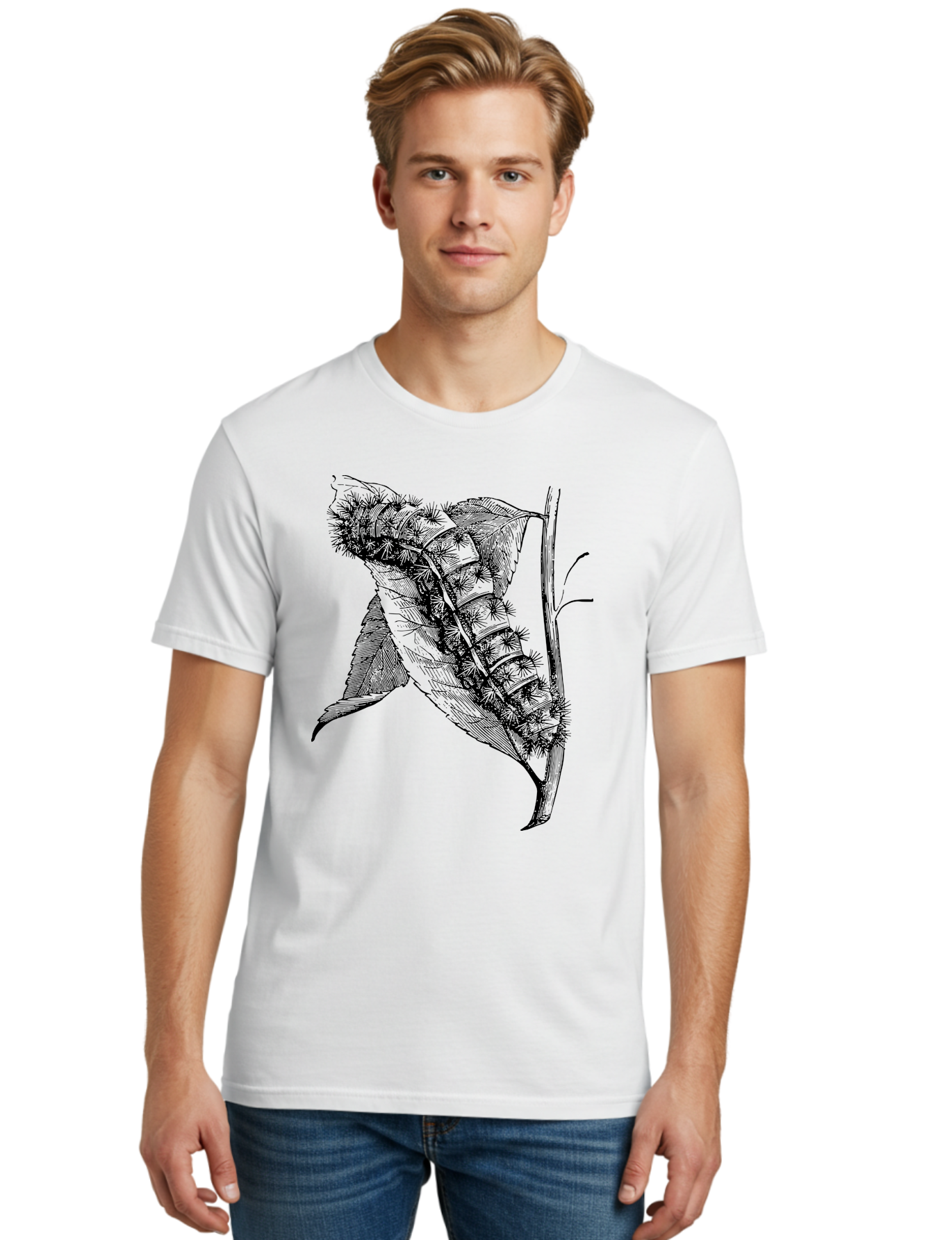 Caterpillar-On-Leaf Men'S Graphic Tee, 100% Cotton, Comfortable Casual Summer Wear, Machine Washable, Caterpillar On A Leaf, Insect Life Cycle, Metamorphosis, Nature Illustration, Botanical Art, Wildlife, Detailed Drawing, Spiky Caterpillar, Aab520