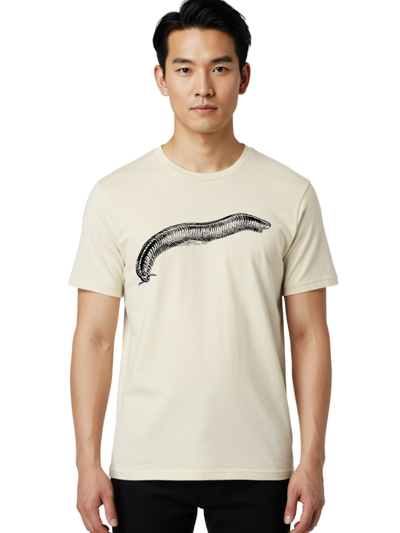 Centipede Men'S Graphic Tee, 100% Cotton, Comfortable Casual Summer Wear, Machine Washable, Centipede, Arthropod, Insect Anatomy, Detailed Drawing, Black Lines, Simple Background, Invertebrate, Segmented Body, Many Legs Aab522