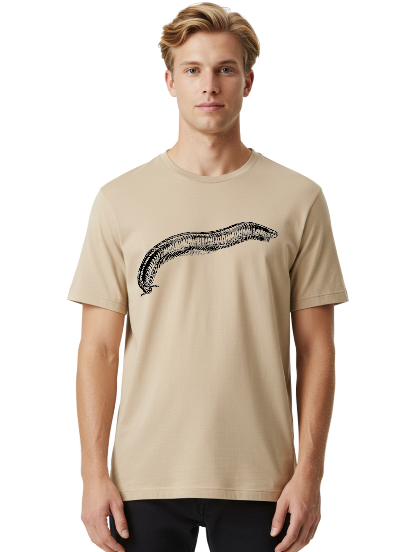 Centipede Men'S Graphic Tee, 100% Cotton, Comfortable Casual Summer Wear, Machine Washable, Centipede, Arthropod, Insect Anatomy, Detailed Drawing, Black Lines, Simple Background, Invertebrate, Segmented Body, Many Legs Aab522