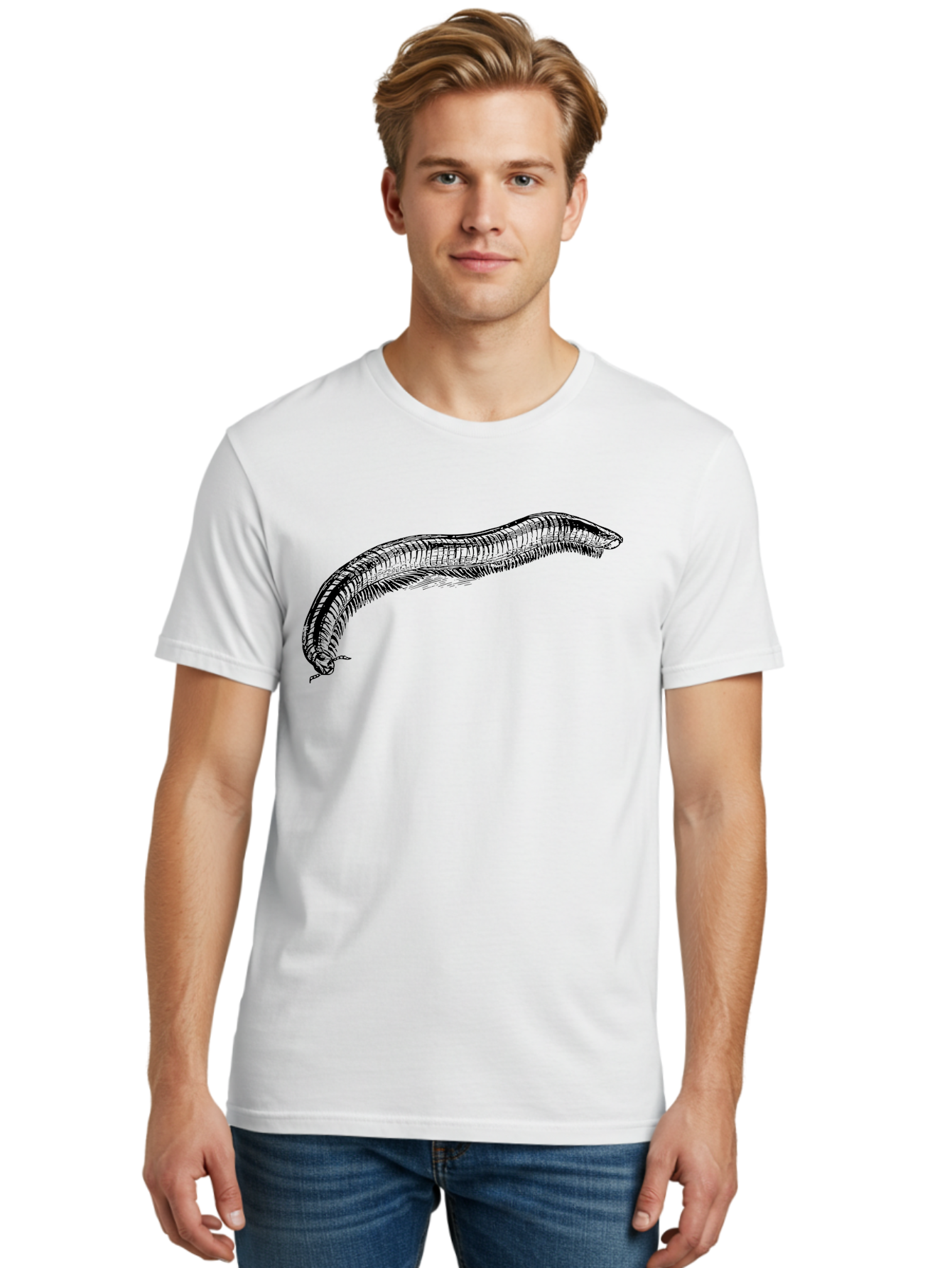 Centipede Men'S Graphic Tee, 100% Cotton, Comfortable Casual Summer Wear, Machine Washable, Centipede, Arthropod, Insect Anatomy, Detailed Drawing, Black Lines, Simple Background, Invertebrate, Segmented Body, Many Legs Aab522