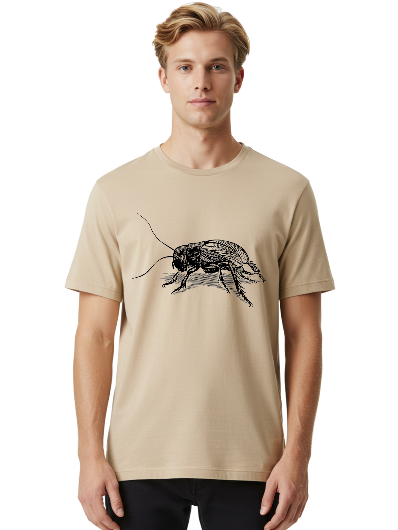 Cricket-2 Men'S Graphic Tee, 100% Cotton, Comfortable Casual Summer Wear, Machine Washable, Cricket Insect, Black Illustration, Detailed Drawing, Insect Anatomy, Entomology Art, Wildlife Illustration, Insect Wings, Long Antennae Aab525
