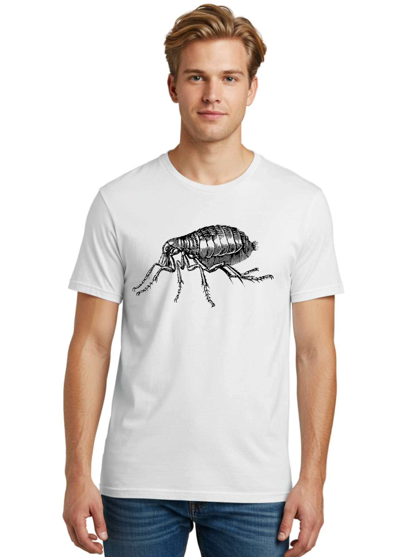 Flea Men'S Graphic Tee, 100% Cotton, Comfortable Casual Summer Wear, Machine Washable, Flea, Insect, Parasite, Pest Control, Pet Care, Biting Insect, Black And White Illustration, Detailed Drawing, Six Legs Aab531