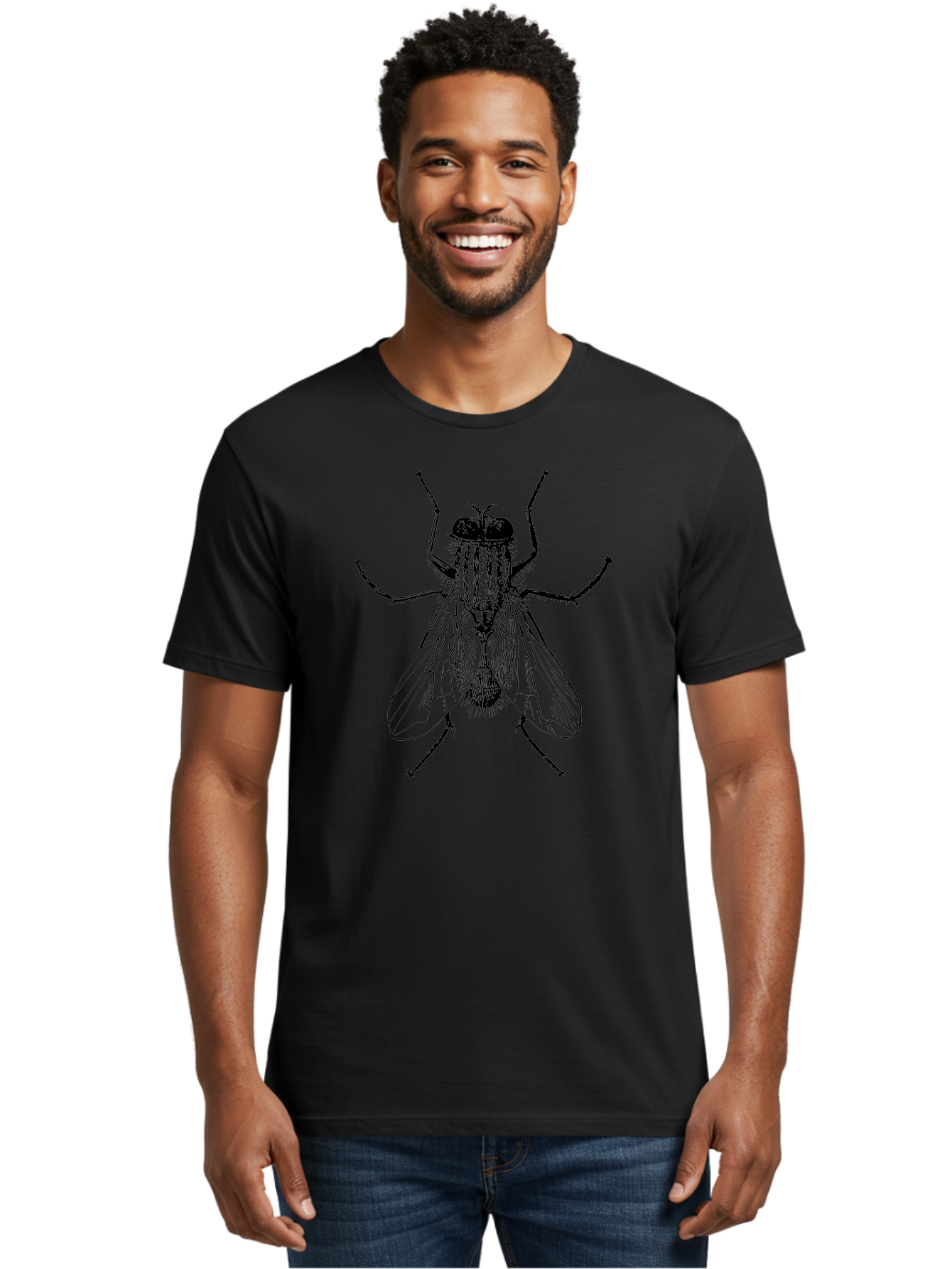 Fly-Illustration Men'S Graphic Tee, 100% Cotton, Comfortable Casual Summer Wear, Machine Washable, Fly, Insect, Black And White Illustration, Detailed Drawing, Entomology, Insect Anatomy, Fly Species, Winged Insect, Bug, Zoology Aab532
