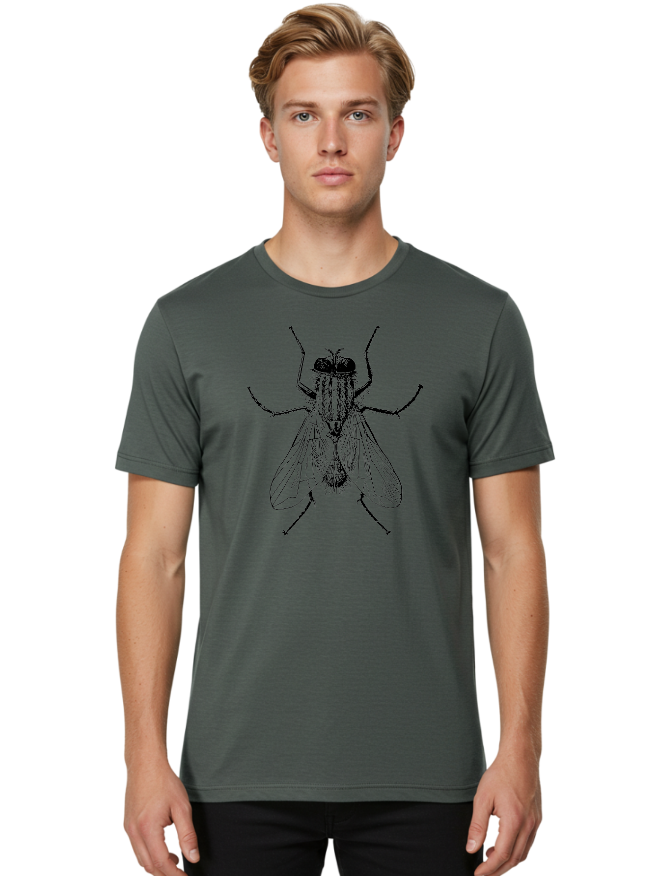 Fly-Illustration Men'S Graphic Tee, 100% Cotton, Comfortable Casual Summer Wear, Machine Washable, Fly, Insect, Black And White Illustration, Detailed Drawing, Entomology, Insect Anatomy, Fly Species, Winged Insect, Bug, Zoology Aab532