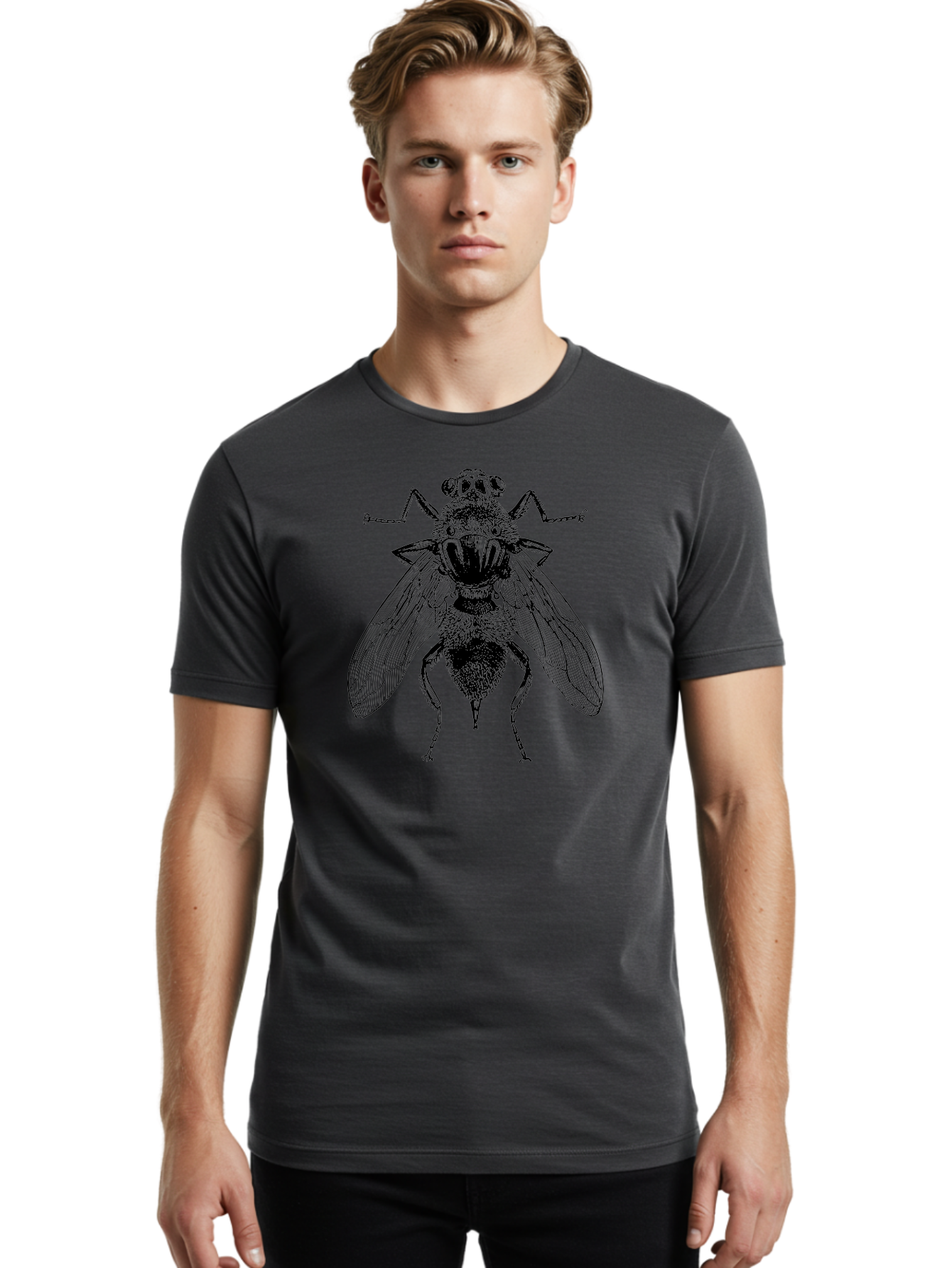 Fly-With-Chains Men'S Graphic Tee, 100% Cotton, Comfortable Casual Summer Wear, Machine Washable, Fly Illustration, Insect Art, Entomology, Chained Fly, Symbolic Art, Surreal Imagery, Detailed Drawing, Wings, Insects In Chains, Aab533