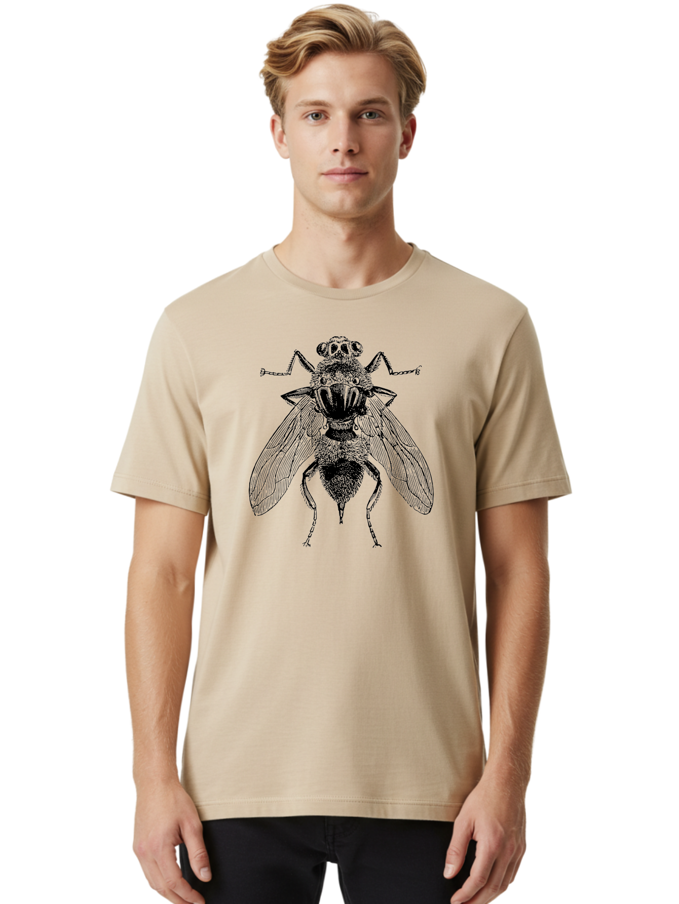 Fly-With-Chains Men'S Graphic Tee, 100% Cotton, Comfortable Casual Summer Wear, Machine Washable, Fly Illustration, Insect Art, Entomology, Chained Fly, Symbolic Art, Surreal Imagery, Detailed Drawing, Wings, Insects In Chains, Aab533