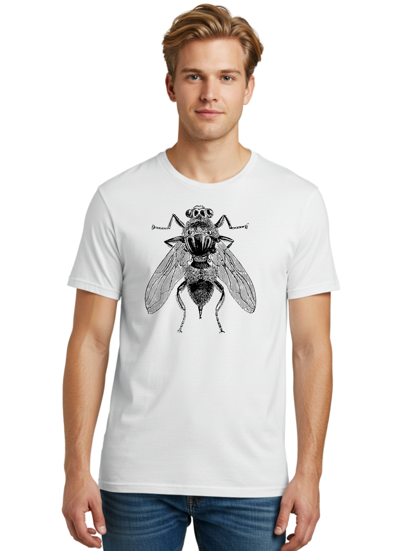Fly-With-Chains Men'S Graphic Tee, 100% Cotton, Comfortable Casual Summer Wear, Machine Washable, Fly Illustration, Insect Art, Entomology, Chained Fly, Symbolic Art, Surreal Imagery, Detailed Drawing, Wings, Insects In Chains, Aab533