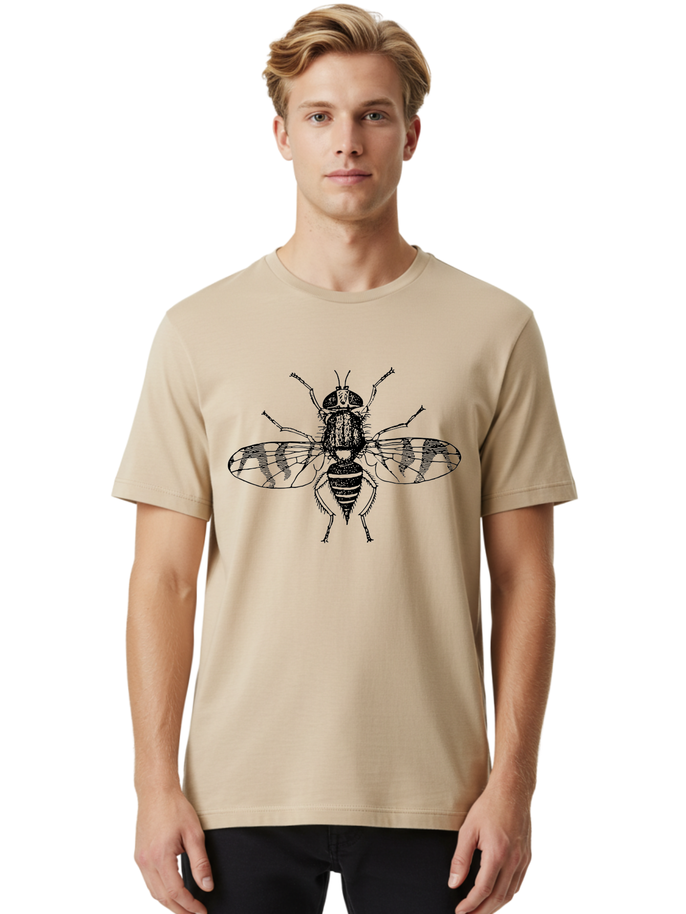 Fly Men'S Graphic Tee, 100% Cotton, Comfortable Casual Summer Wear, Machine Washable, Black And White Illustration, Fly With Striped Wings, Insect Art, Detailed Drawing, Entomology, Wildlife Illustration, Vector Graphic Aab534