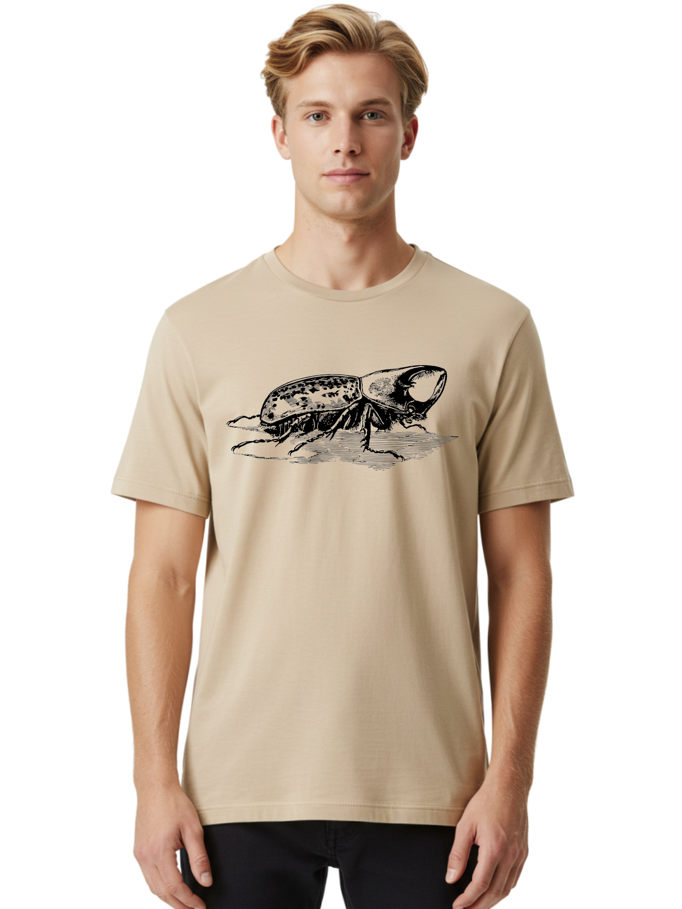 Hercules-Beetle Men'S Graphic Tee, 100% Cotton, Comfortable Casual Summer Wear, Machine Washable, Black Beetle, Insect Illustration, Detailed Drawing, Scientific Art, Entomology, Bug, Insect, Wildlife Art, Natural History Aab539
