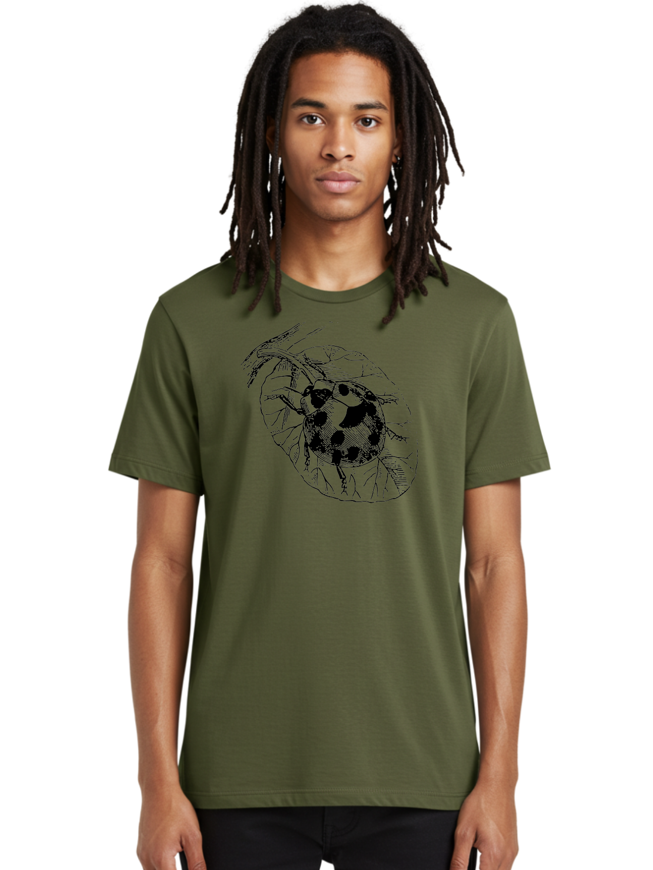 Ladybug-On-Leaf Men'S Graphic Tee, 100% Cotton, Comfortable Casual Summer Wear, Machine Washable, Ladybug On A Leaf, Black And White Illustration, Lady Beetle, Garden Insect, Sketch Art, Wildlife Illustration, Beetle On Foliage Aab541