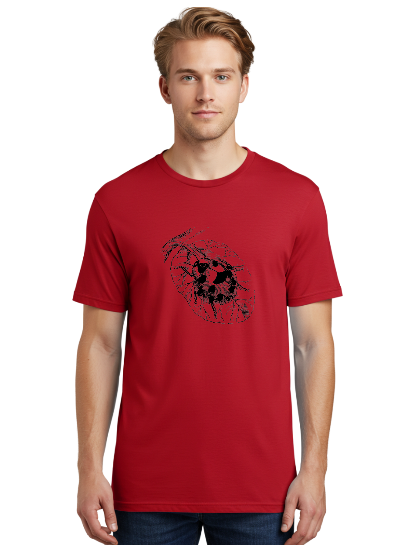 Ladybug-On-Leaf Men'S Graphic Tee, 100% Cotton, Comfortable Casual Summer Wear, Machine Washable, Ladybug On A Leaf, Black And White Illustration, Lady Beetle, Garden Insect, Sketch Art, Wildlife Illustration, Beetle On Foliage Aab541