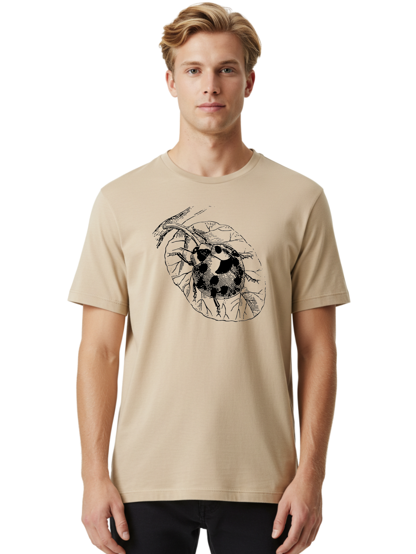 Ladybug-On-Leaf Men'S Graphic Tee, 100% Cotton, Comfortable Casual Summer Wear, Machine Washable, Ladybug On A Leaf, Black And White Illustration, Lady Beetle, Garden Insect, Sketch Art, Wildlife Illustration, Beetle On Foliage Aab541