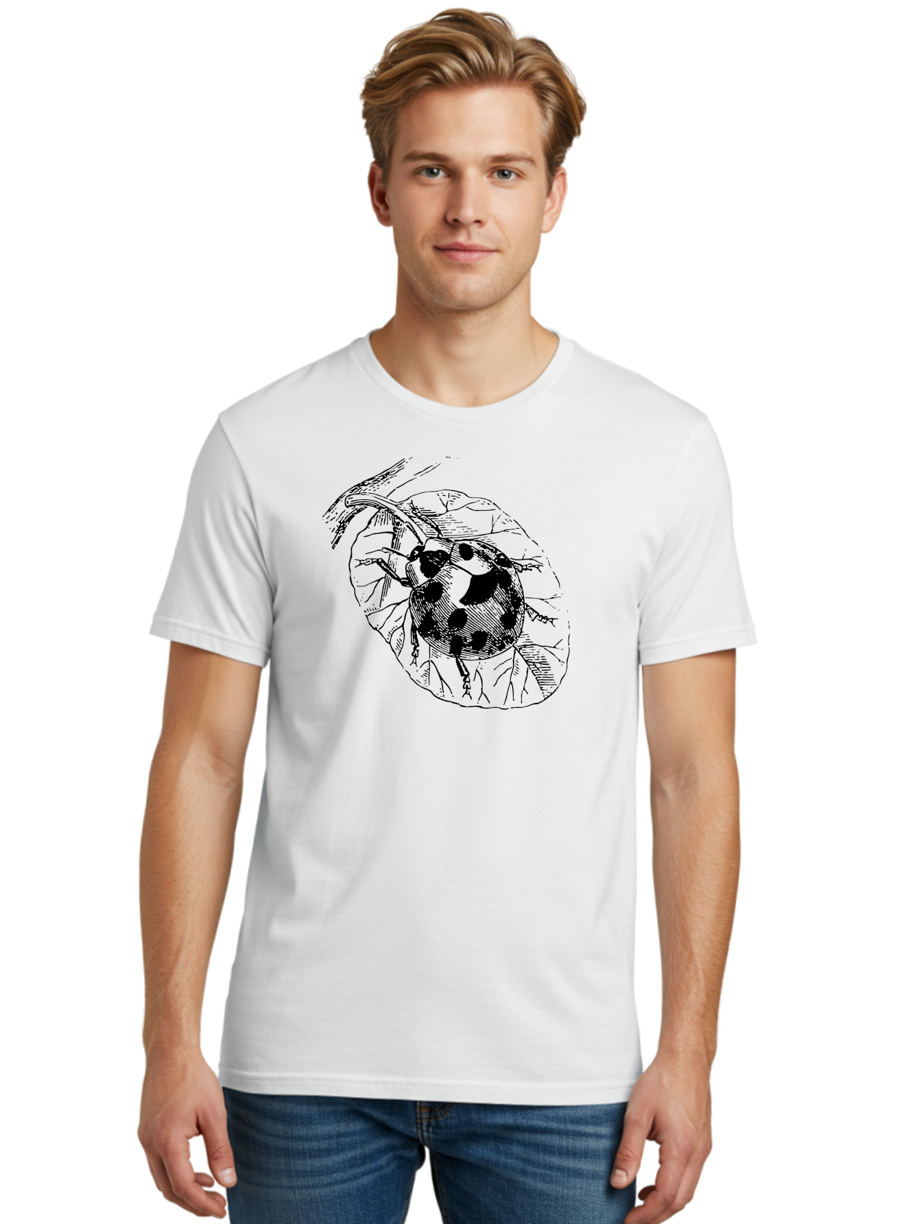 Ladybug-On-Leaf Men'S Graphic Tee, 100% Cotton, Comfortable Casual Summer Wear, Machine Washable, Ladybug On A Leaf, Black And White Illustration, Lady Beetle, Garden Insect, Sketch Art, Wildlife Illustration, Beetle On Foliage Aab541
