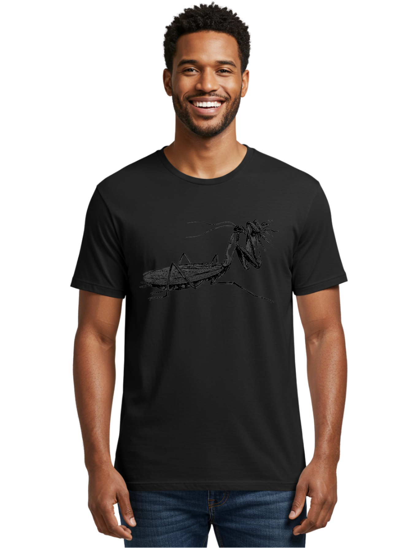 Mantis-Eating-Fly Men'S Graphic Tee, 100% Cotton, Comfortable Casual Summer Wear, Machine Washable, Praying Mantis Eating A Fly, Insect Predator, Detailed Illustration, Black And Green, Entomology Art, Wildlife Photography, Insect Behavior Aab544