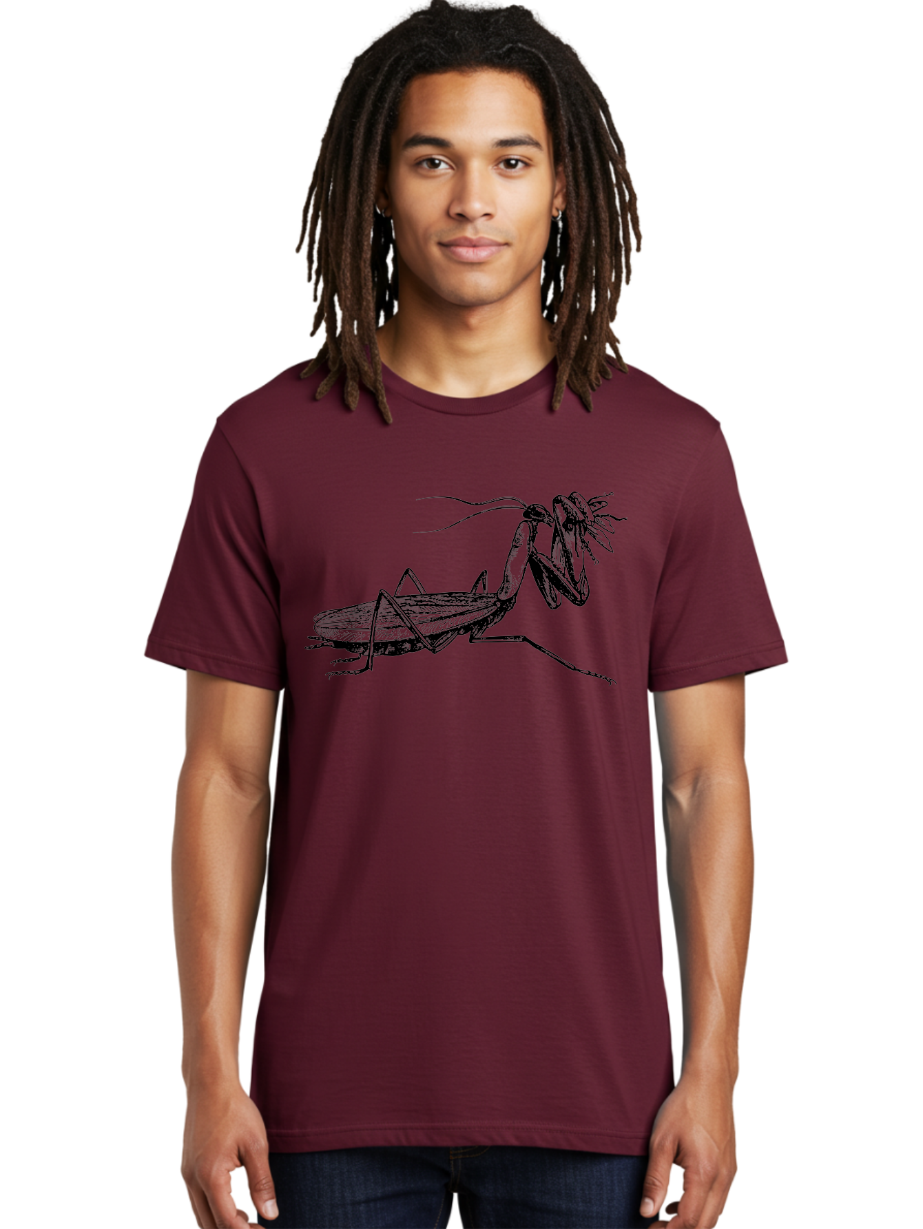 Mantis-Eating-Fly Men'S Graphic Tee, 100% Cotton, Comfortable Casual Summer Wear, Machine Washable, Praying Mantis Eating A Fly, Insect Predator, Detailed Illustration, Black And Green, Entomology Art, Wildlife Photography, Insect Behavior Aab544