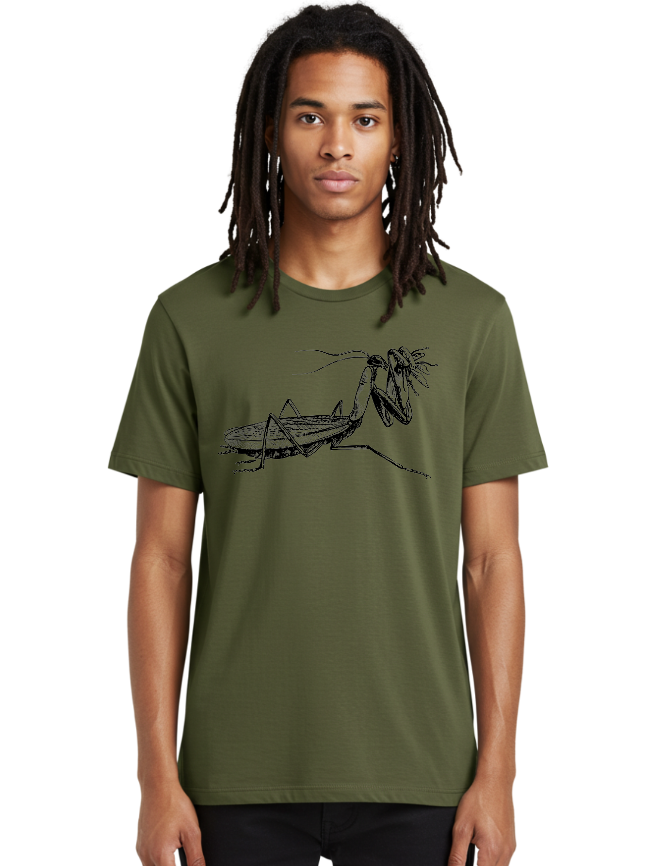 Mantis-Eating-Fly Men'S Graphic Tee, 100% Cotton, Comfortable Casual Summer Wear, Machine Washable, Praying Mantis Eating A Fly, Insect Predator, Detailed Illustration, Black And Green, Entomology Art, Wildlife Photography, Insect Behavior Aab544