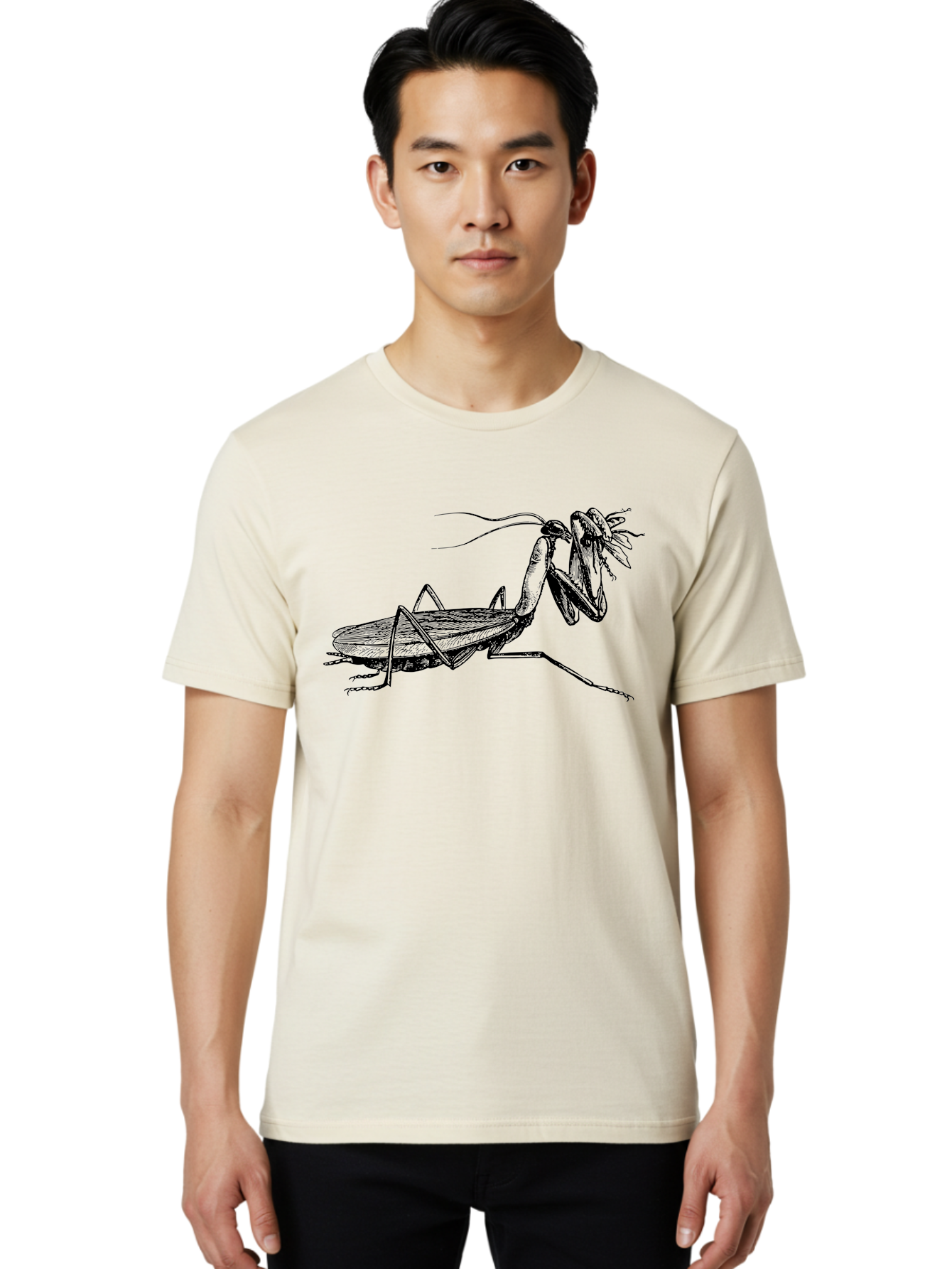 Mantis-Eating-Fly Men'S Graphic Tee, 100% Cotton, Comfortable Casual Summer Wear, Machine Washable, Praying Mantis Eating A Fly, Insect Predator, Detailed Illustration, Black And Green, Entomology Art, Wildlife Photography, Insect Behavior Aab544