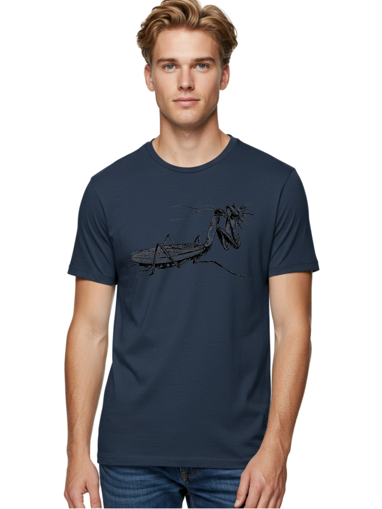 Mantis-Eating-Fly Men'S Graphic Tee, 100% Cotton, Comfortable Casual Summer Wear, Machine Washable, Praying Mantis Eating A Fly, Insect Predator, Detailed Illustration, Black And Green, Entomology Art, Wildlife Photography, Insect Behavior Aab544