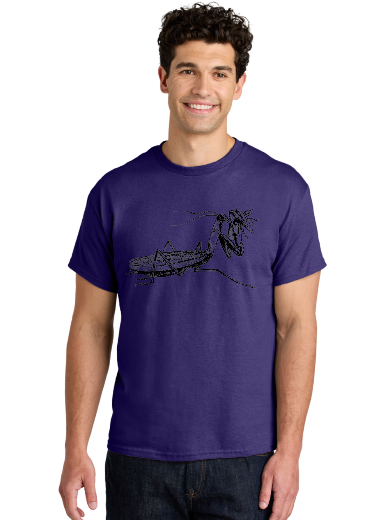 Mantis-Eating-Fly Men'S Graphic Tee, 100% Cotton, Comfortable Casual Summer Wear, Machine Washable, Praying Mantis Eating A Fly, Insect Predator, Detailed Illustration, Black And Green, Entomology Art, Wildlife Photography, Insect Behavior Aab544