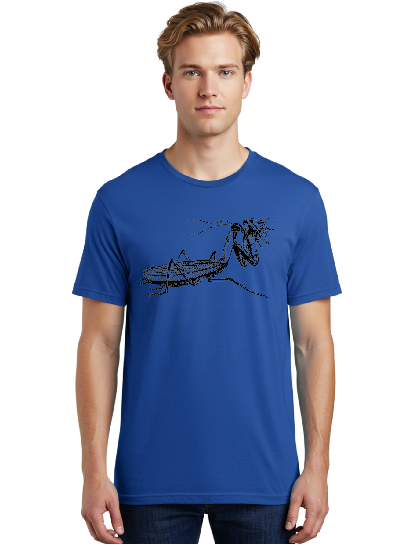 Mantis-Eating-Fly Men'S Graphic Tee, 100% Cotton, Comfortable Casual Summer Wear, Machine Washable, Praying Mantis Eating A Fly, Insect Predator, Detailed Illustration, Black And Green, Entomology Art, Wildlife Photography, Insect Behavior Aab544