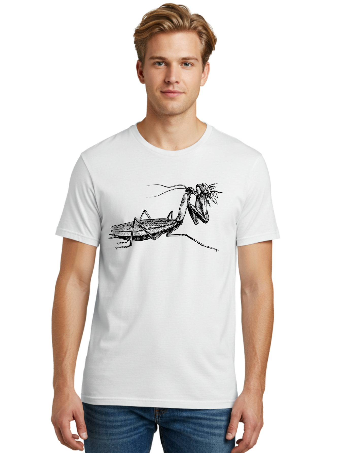 Mantis-Eating-Fly Men'S Graphic Tee, 100% Cotton, Comfortable Casual Summer Wear, Machine Washable, Praying Mantis Eating A Fly, Insect Predator, Detailed Illustration, Black And Green, Entomology Art, Wildlife Photography, Insect Behavior Aab544