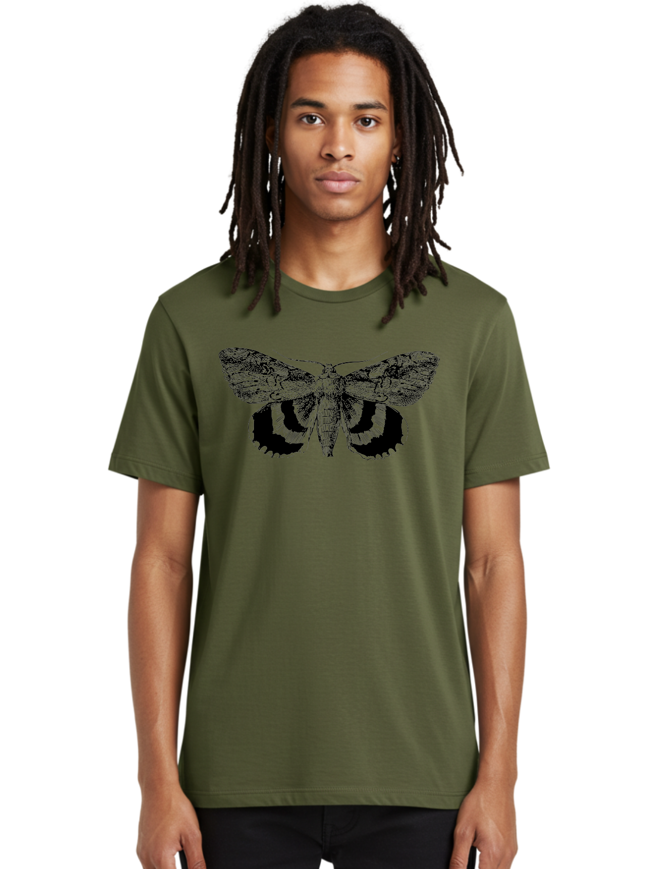 Moth-Illustration Men'S Graphic Tee, 100% Cotton, Comfortable Casual Summer Wear, Machine Washable, Black And Green Moth Illustration, Insect Art, Detailed Drawing, Wingspan, Entomology, Biological Illustration, Vintage Style, Butterfly Wings, Aab548