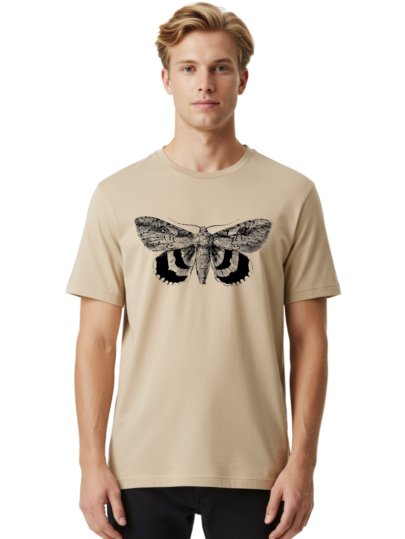 Moth-Illustration Men'S Graphic Tee, 100% Cotton, Comfortable Casual Summer Wear, Machine Washable, Black And Green Moth Illustration, Insect Art, Detailed Drawing, Wingspan, Entomology, Biological Illustration, Vintage Style, Butterfly Wings, Aab548