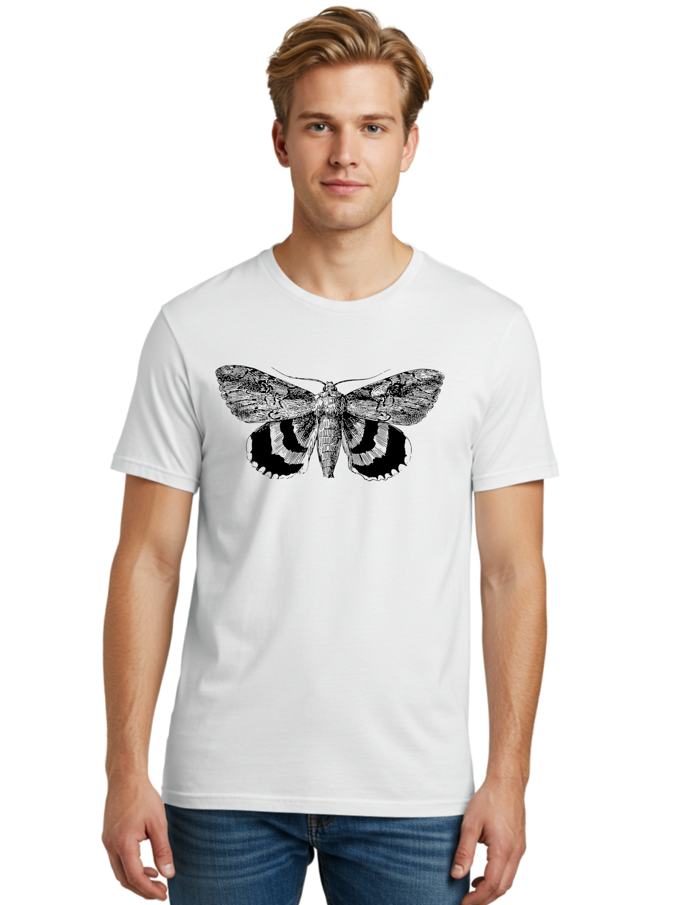 Moth-Illustration Men'S Graphic Tee, 100% Cotton, Comfortable Casual Summer Wear, Machine Washable, Black And Green Moth Illustration, Insect Art, Detailed Drawing, Wingspan, Entomology, Biological Illustration, Vintage Style, Butterfly Wings, Aab548