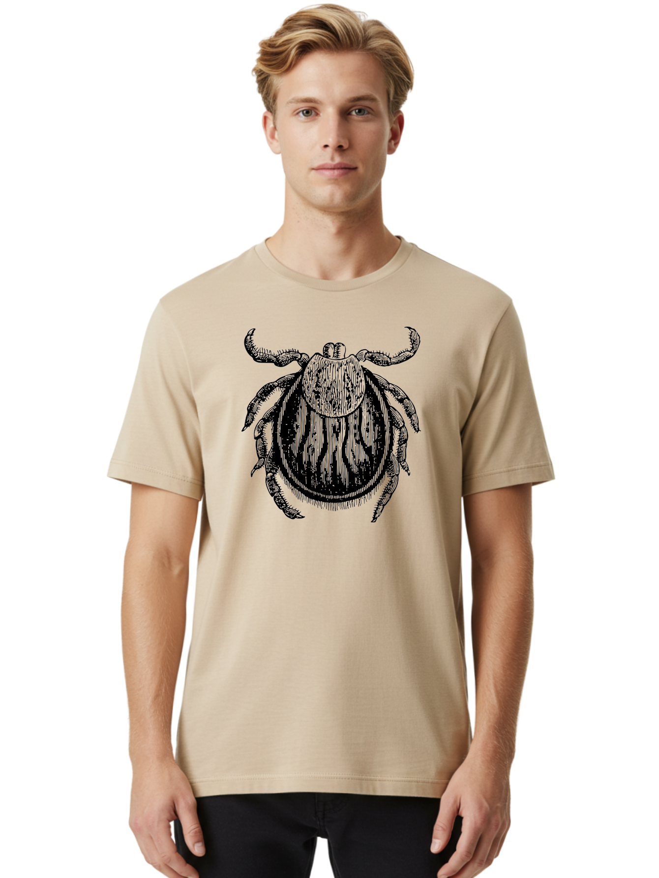 Tick Men'S Graphic Tee, 100% Cotton, Comfortable Casual Summer Wear, Machine Washable, Tick Illustration, Black And Green, Insect Drawing, Arachnid Art, Parasite Icon, Detailed Engraving, Vector Graphic, Creepy Crawlers Aab559
