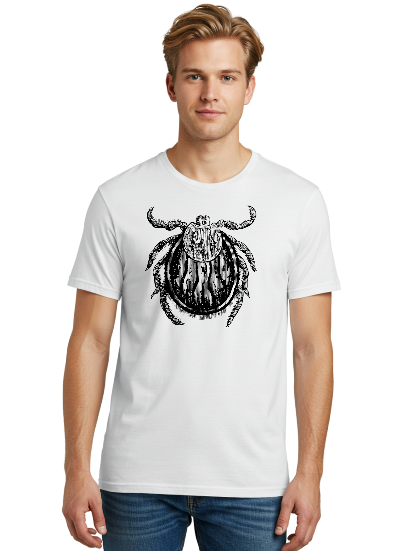Tick Men'S Graphic Tee, 100% Cotton, Comfortable Casual Summer Wear, Machine Washable, Tick Illustration, Black And Green, Insect Drawing, Arachnid Art, Parasite Icon, Detailed Engraving, Vector Graphic, Creepy Crawlers Aab559
