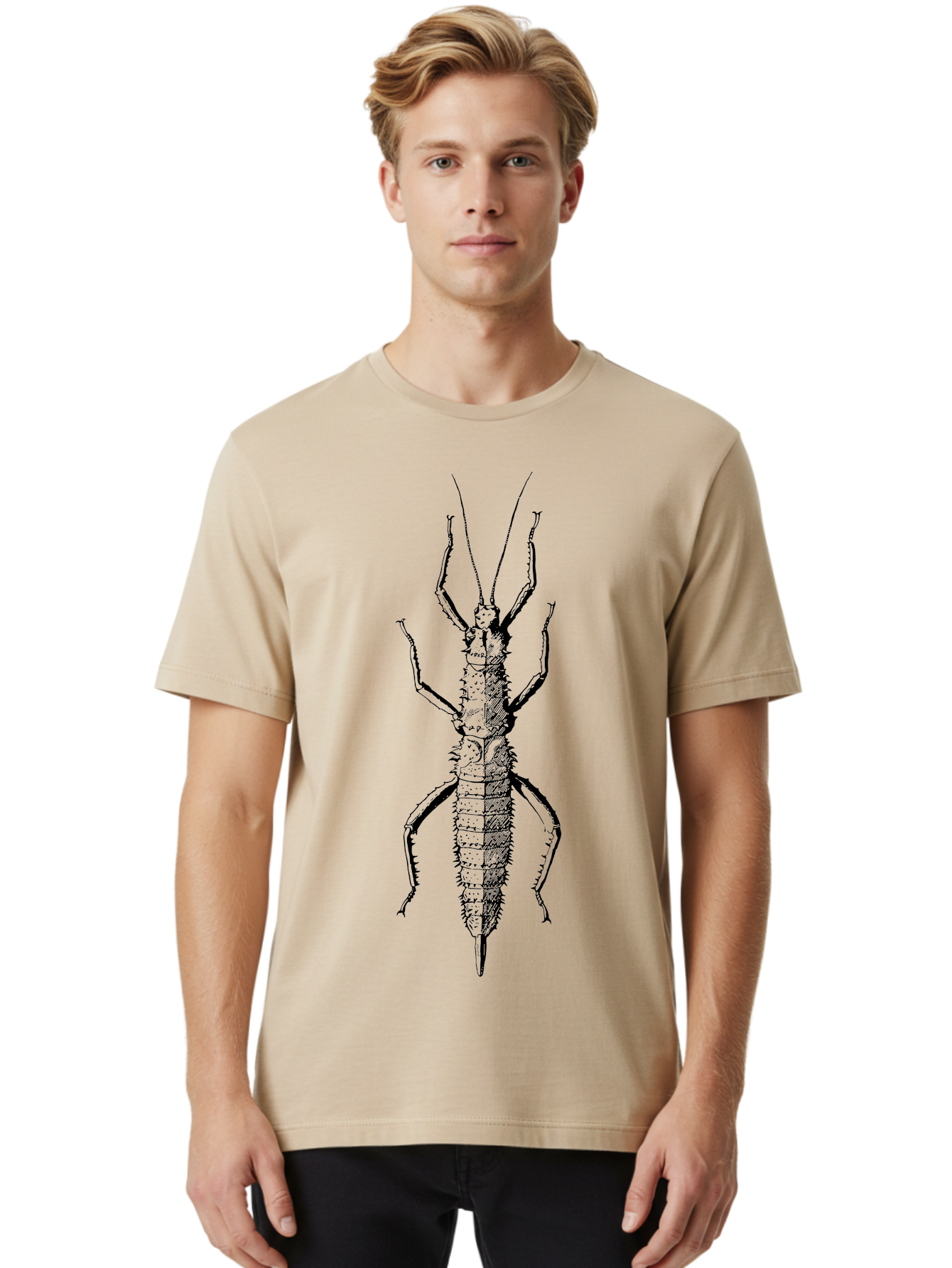 Weta Men'S Graphic Tee, 100% Cotton, Comfortable Casual Summer Wear, Machine Washable, Weta Insect, Native New Zealand Bug, Black Illustration, Entomology Art, Insect Anatomy, Detailed Drawing, Wildlife Illustration Aab561