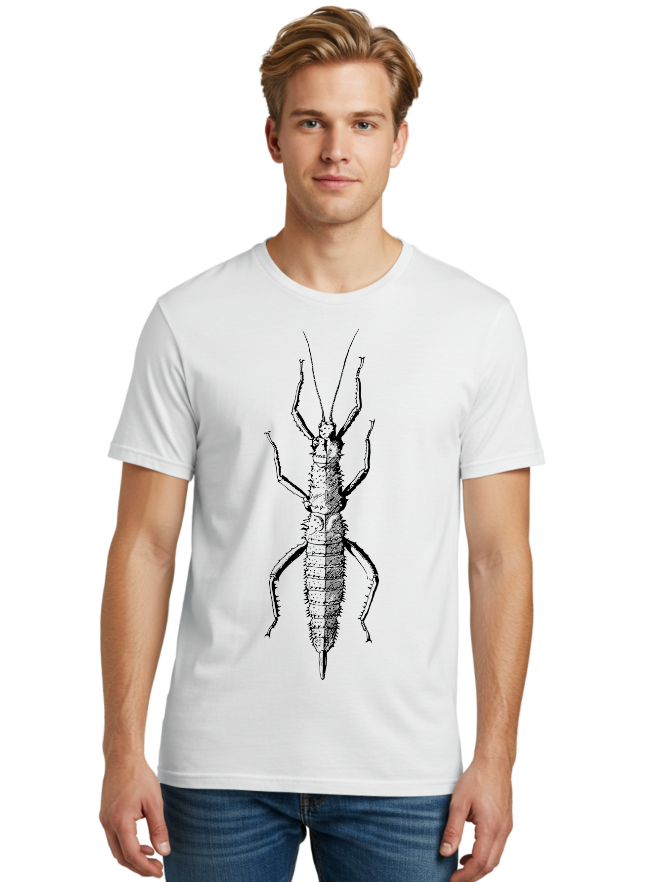 Weta Men'S Graphic Tee, 100% Cotton, Comfortable Casual Summer Wear, Machine Washable, Weta Insect, Native New Zealand Bug, Black Illustration, Entomology Art, Insect Anatomy, Detailed Drawing, Wildlife Illustration Aab561