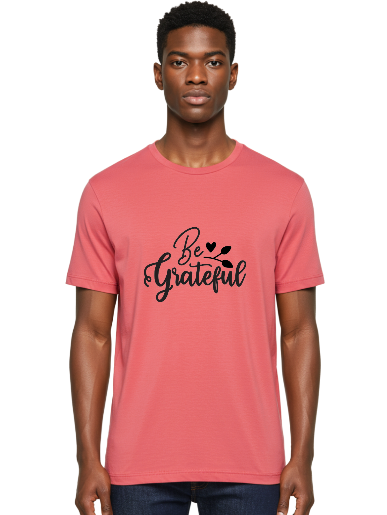 Be-Grateful Men'S Graphic Tee, 100% Cotton, Comfortable Casual Summer Wear, Machine Washable, Inspirational Quote, Motivational Phrase, Positive Affirmation, Heart Symbol, Leaf Design, Gratitude Message, Black Lettering, Be Grateful Aab564