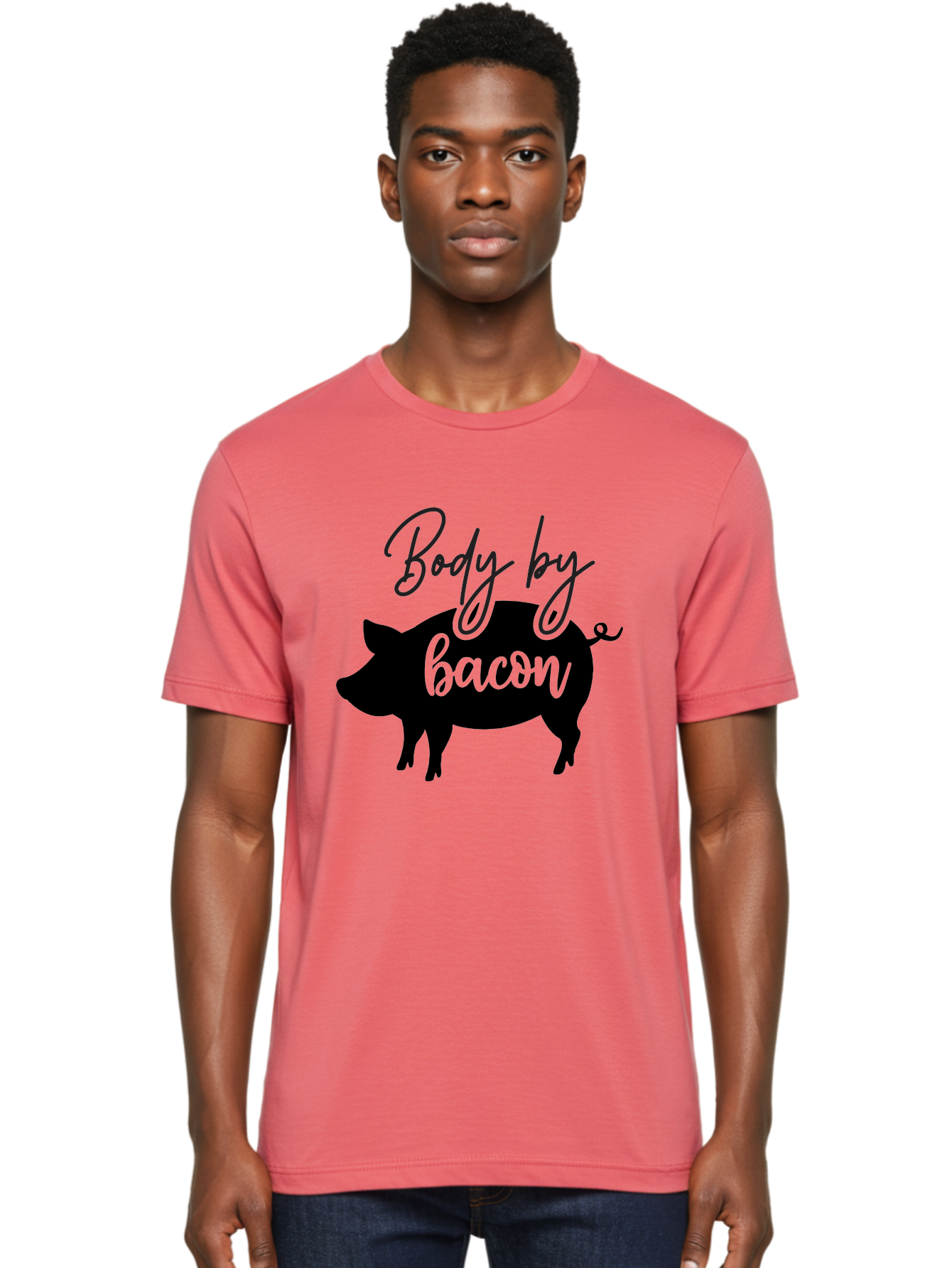 Body-By-Bacon Men'S Graphic Tee, 100% Cotton, Comfortable Casual Summer Wear, Machine Washable, Funny Pig Silhouette, Bacon Lovers, Pig With High Heels, Humorous Illustration, Quirky Art, Pig Silhouette With Text, Body By Bacon Aab567